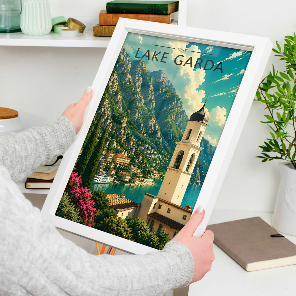 Lake Garda #3 Travel Poster in a white frame, held to show scale