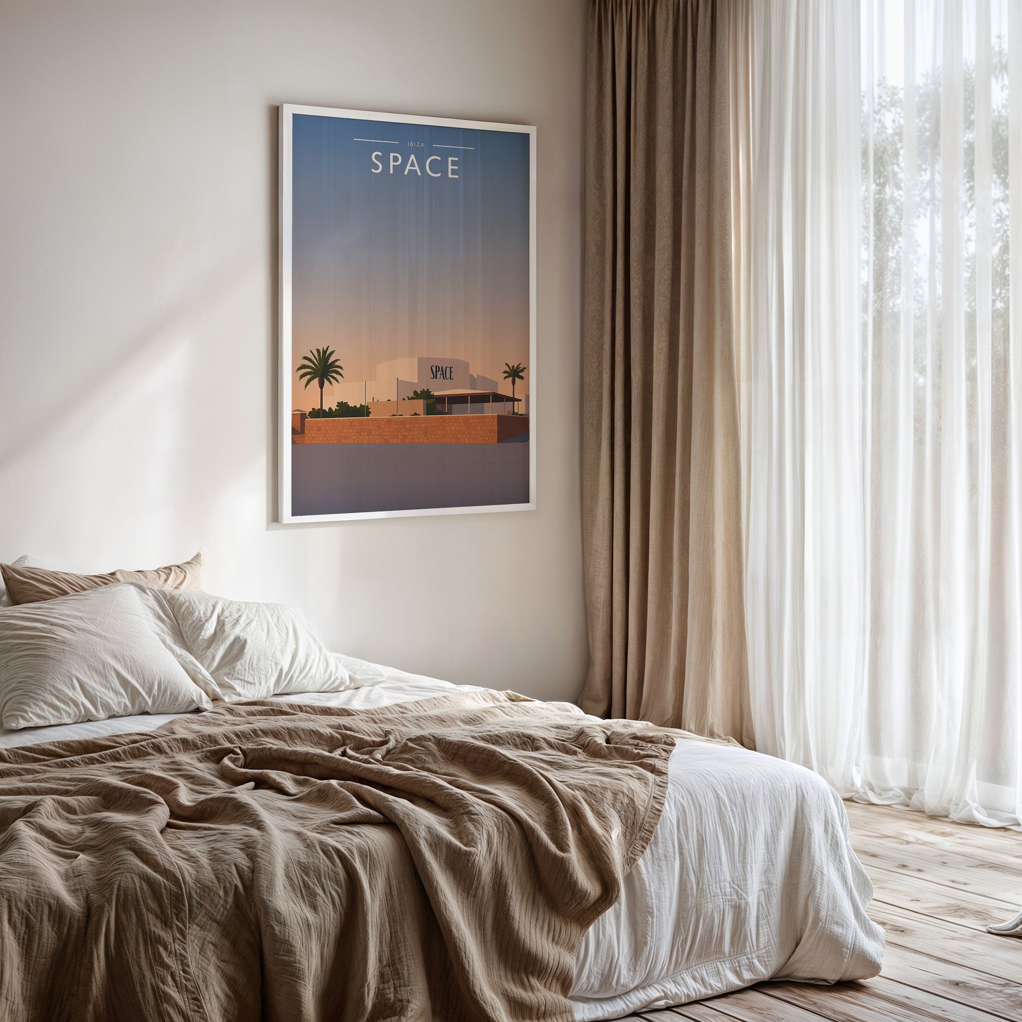 Ibiza #4 Travel Poster framed on a bedroom wall