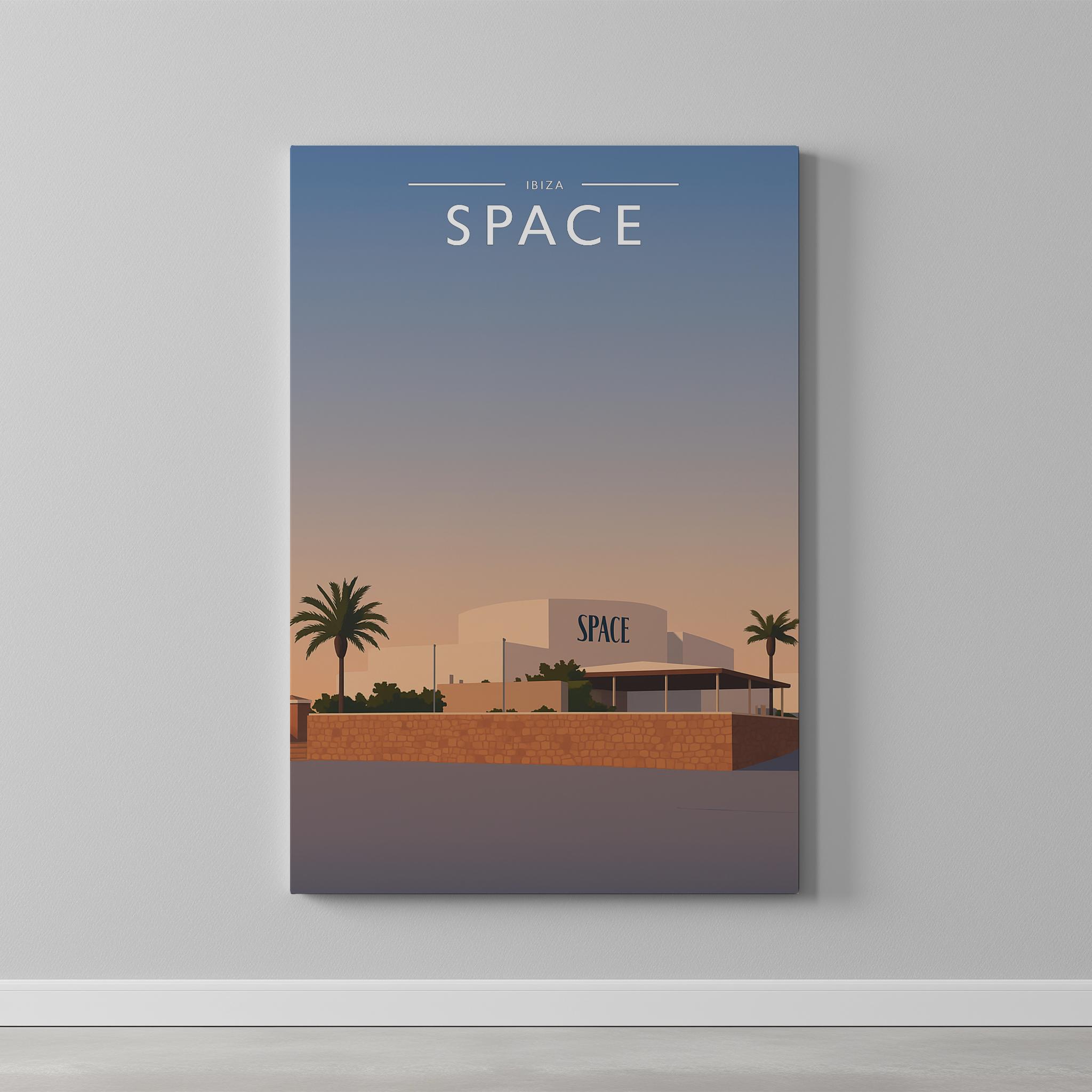 Ibiza #4 Travel Poster as a gallery-wrapped canvas on a plain wall