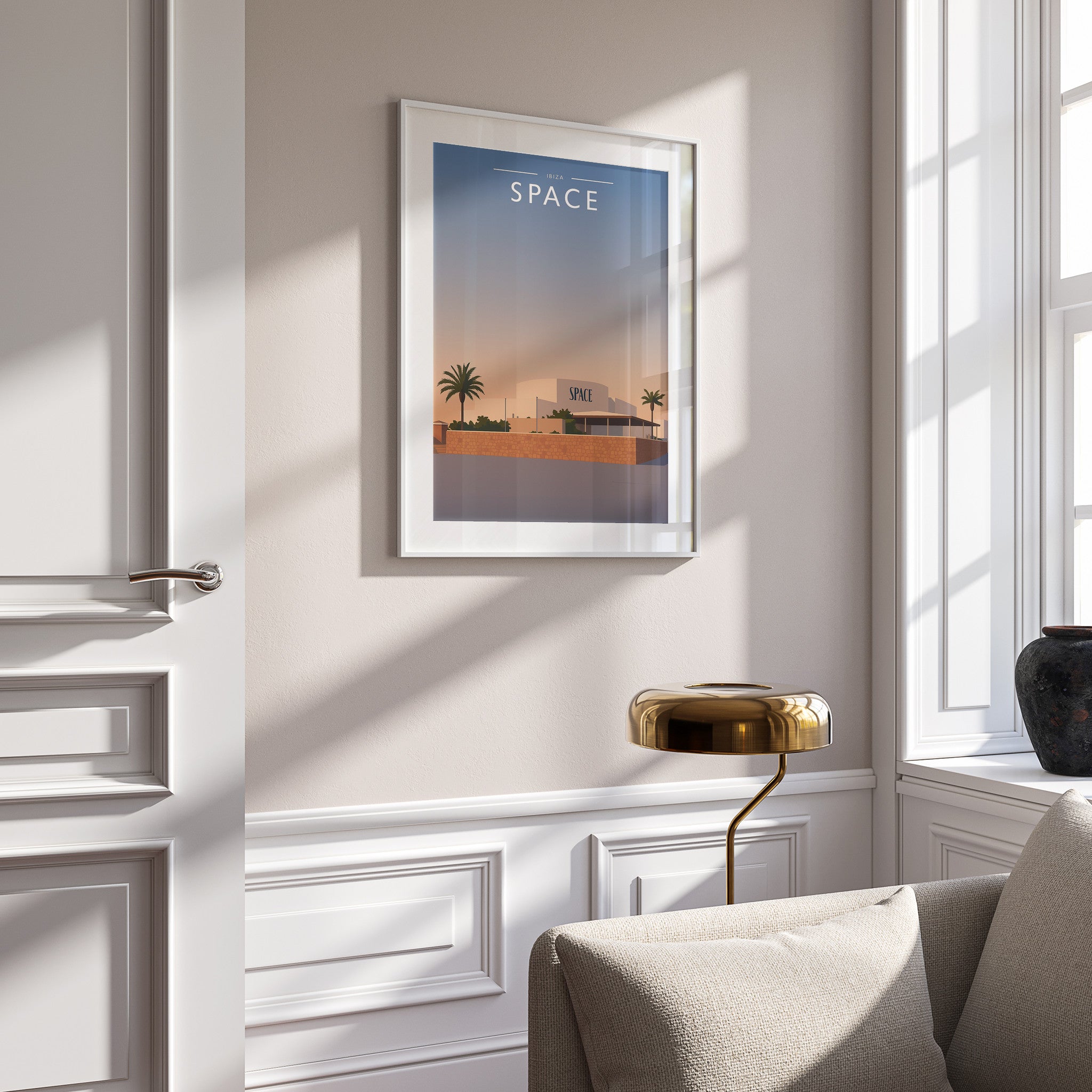 Ibiza #4 Travel Poster in a white frame on a panelled wall