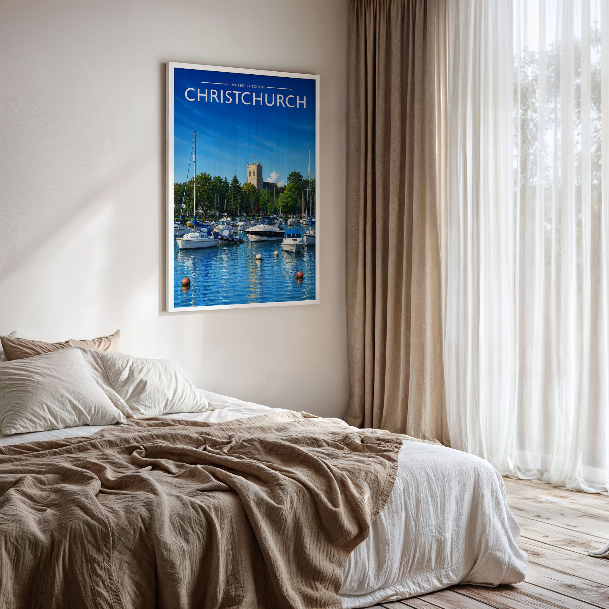 Christchurch Travel Poster framed on a bedroom wall