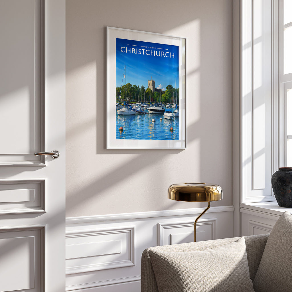 Christchurch Travel Poster in a white frame on a panelled wall