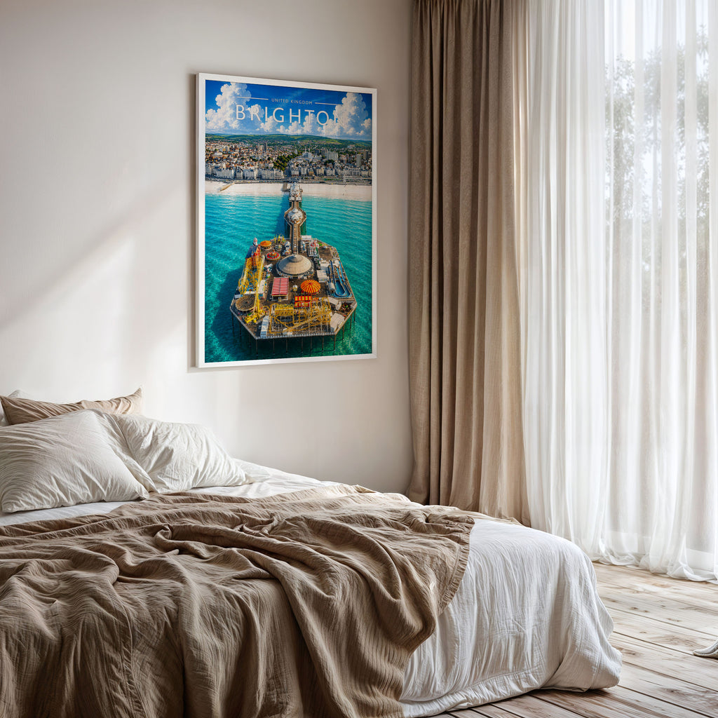 Brighton #2 Travel Poster framed on a bedroom wall