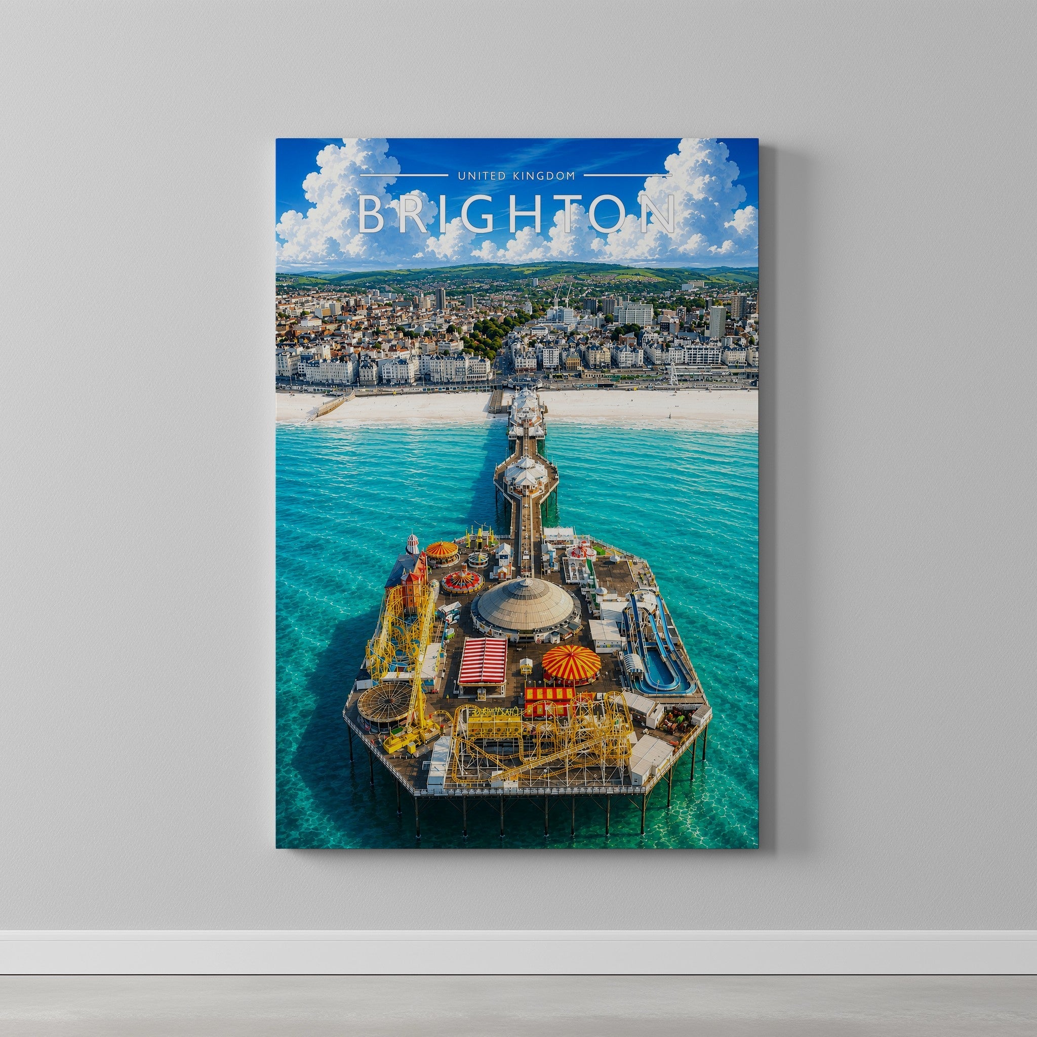 Brighton #2 Travel Poster as a gallery-wrapped canvas on a plain wall