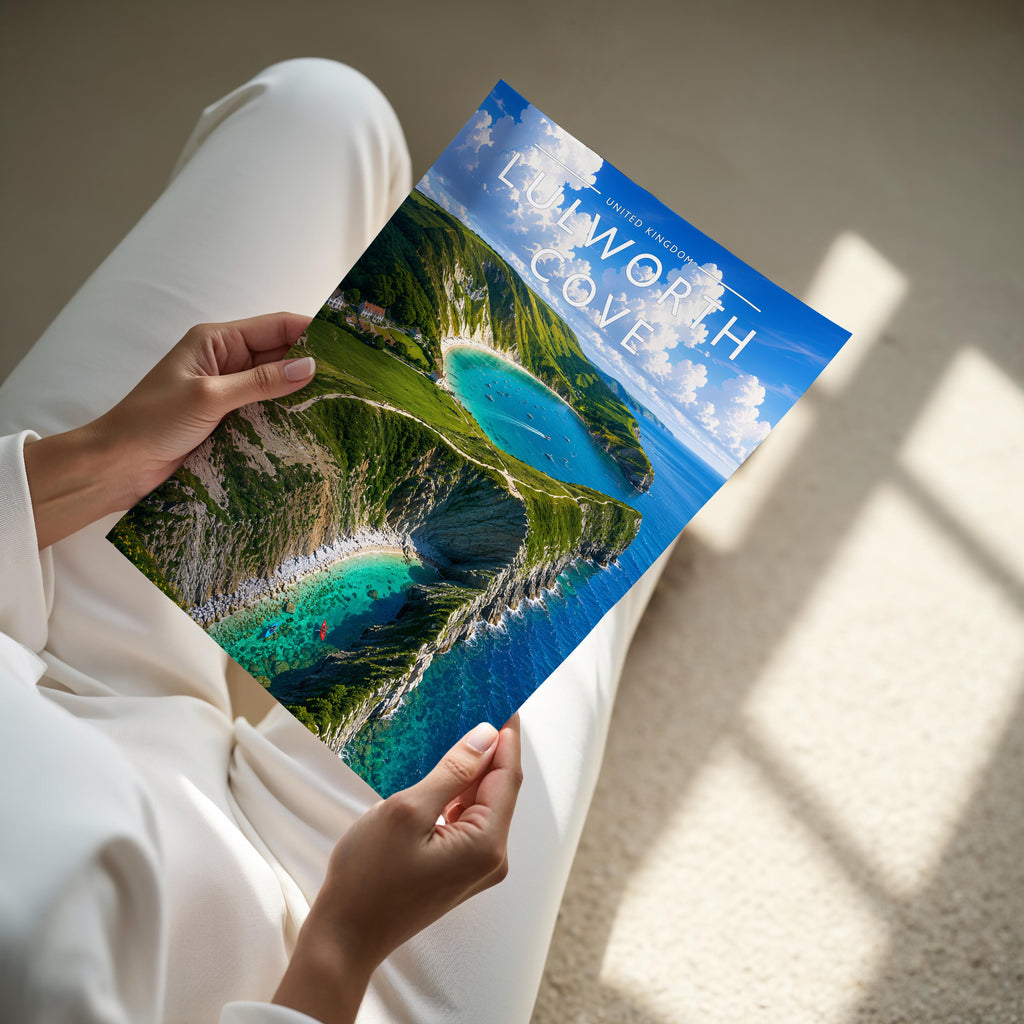 Lulworth Cove Travel Poster - A4 print held in hand