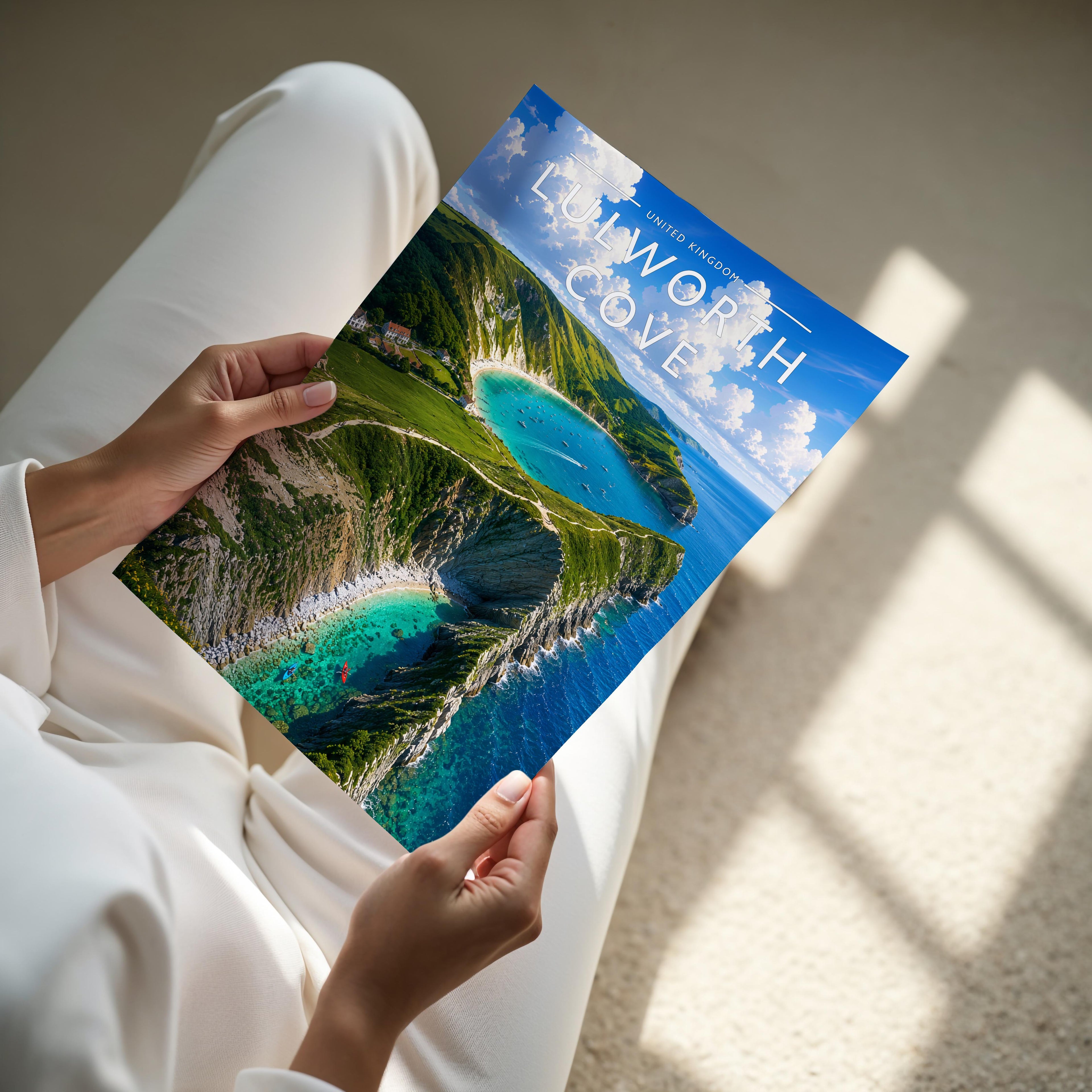 Lulworth Cove Travel Poster - A4 print held in hand