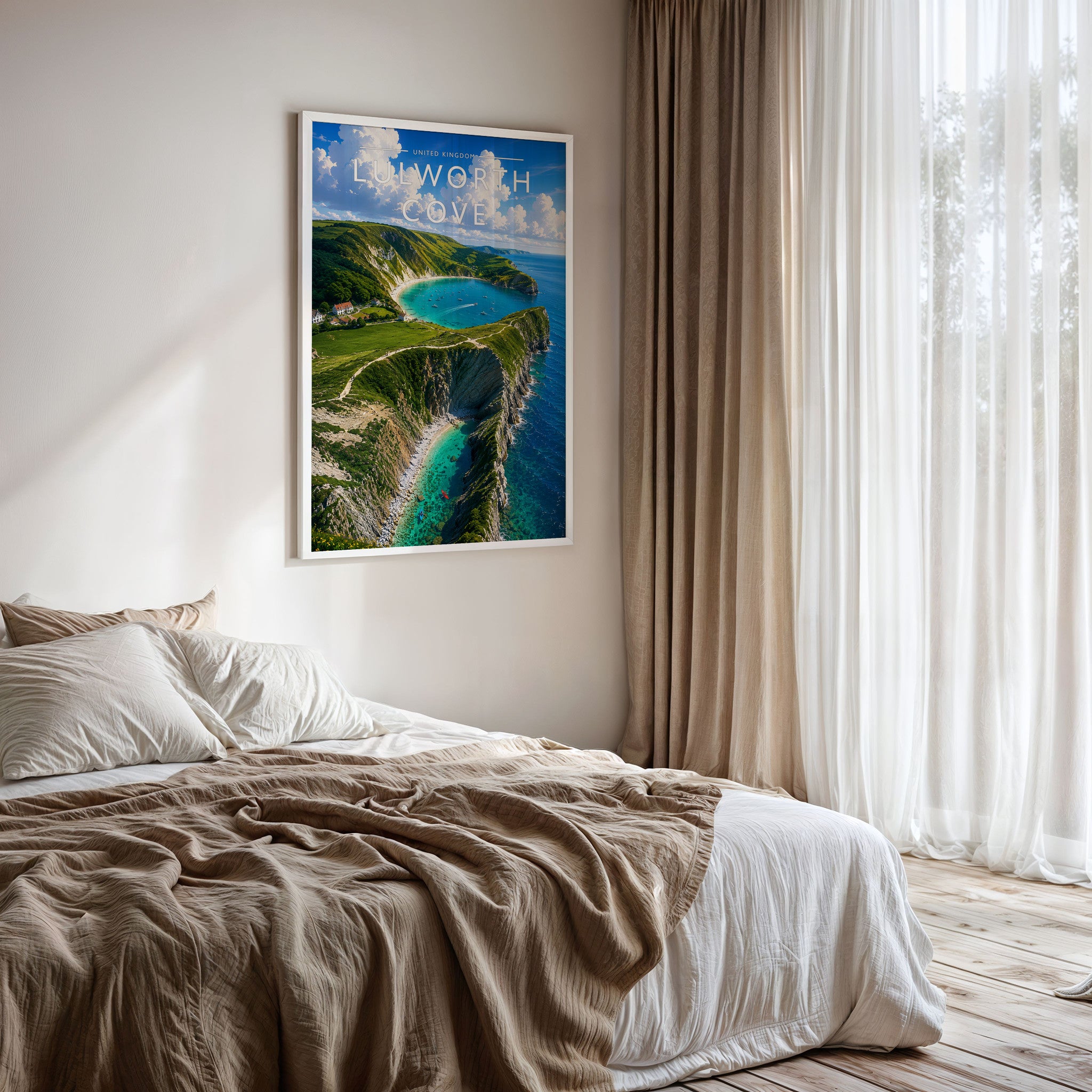 Lulworth Cove Travel Poster framed on a bedroom wall