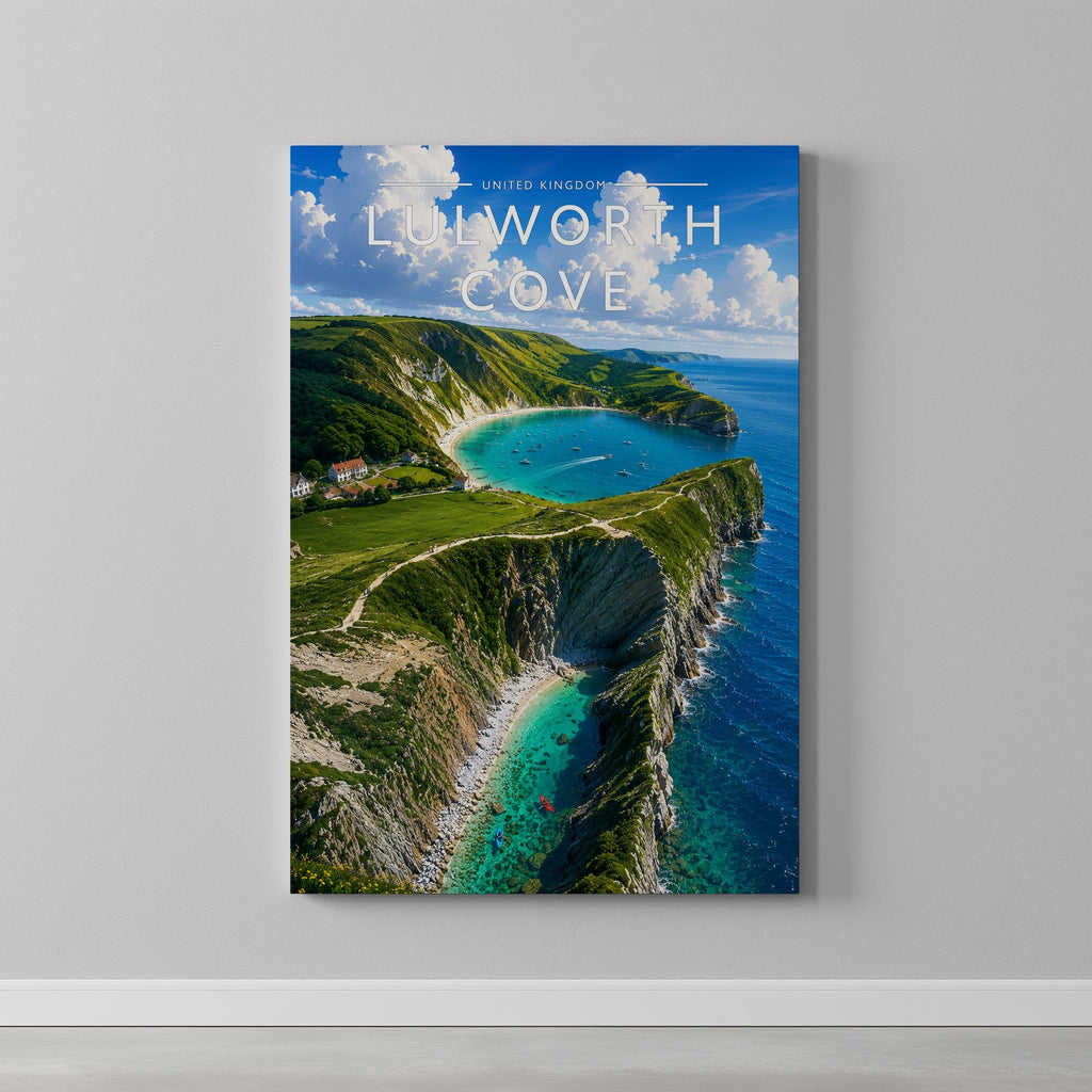 Lulworth Cove Travel Poster as a gallery-wrapped canvas on a plain wall