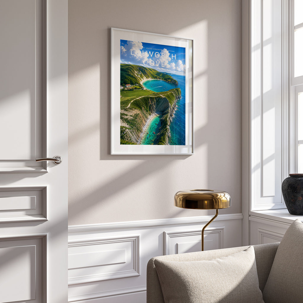 Lulworth Cove Travel Poster in a white frame on a panelled wall