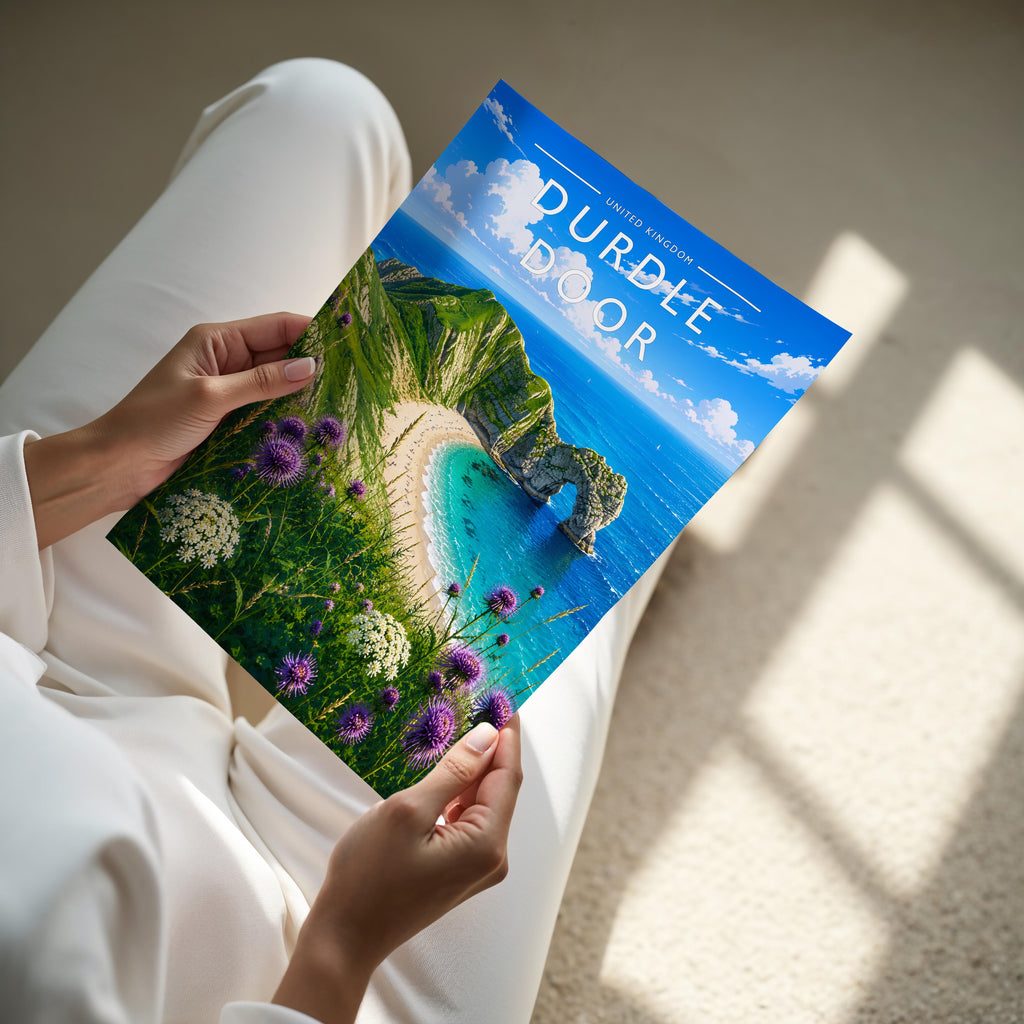 Durdle Door Travel Poster - A4 print held in hand