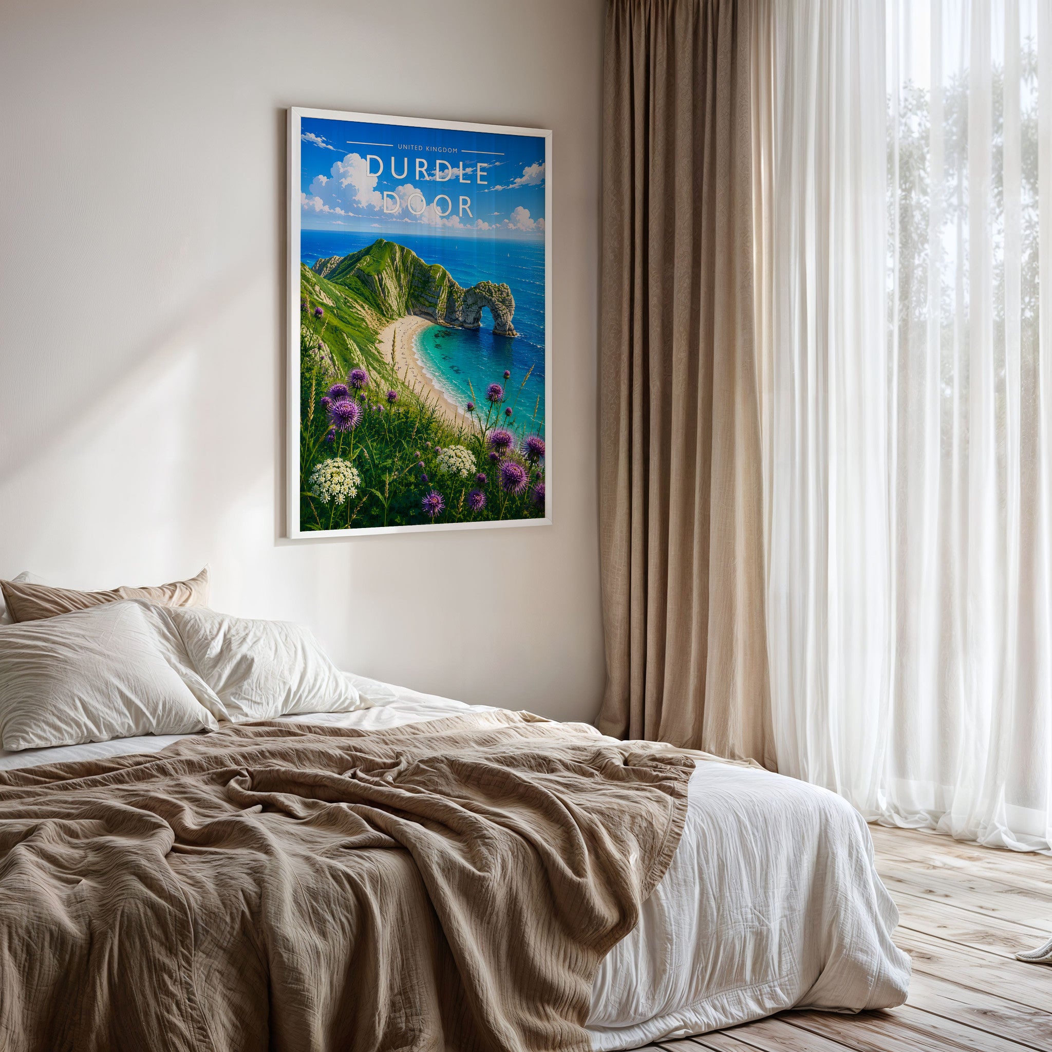 Durdle Door Travel Poster framed on a bedroom wall
