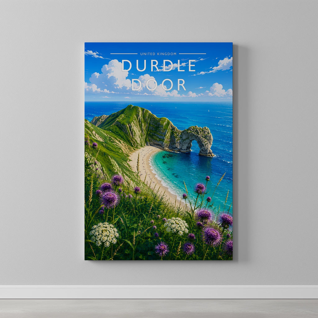 Durdle Door Travel Poster as a gallery-wrapped canvas on a plain wall