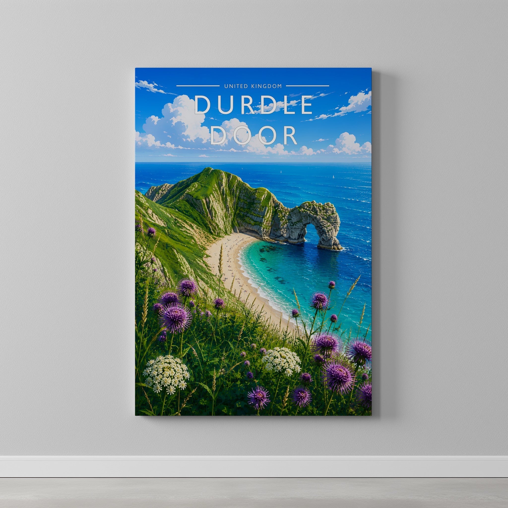 Durdle Door Travel Poster as a gallery-wrapped canvas on a plain wall