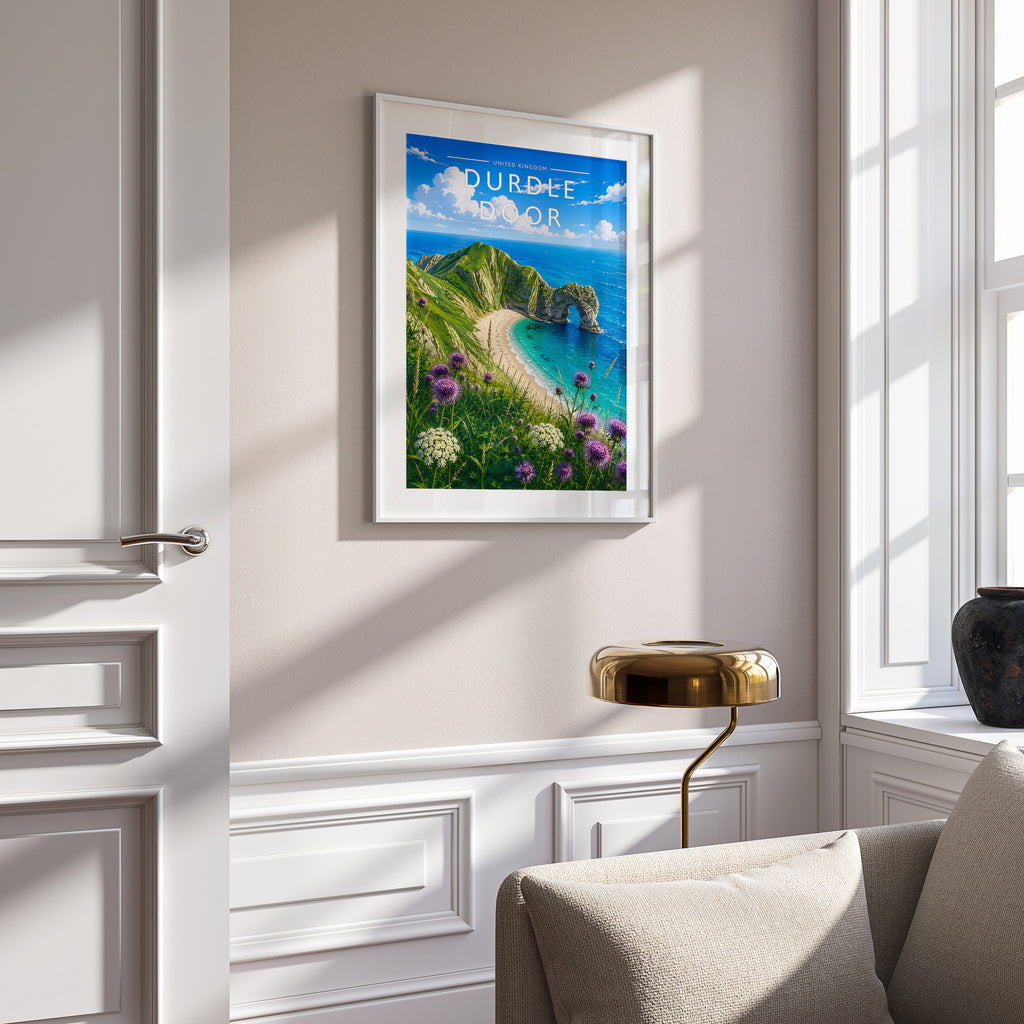 Durdle Door Travel Poster in a white frame on a panelled wall