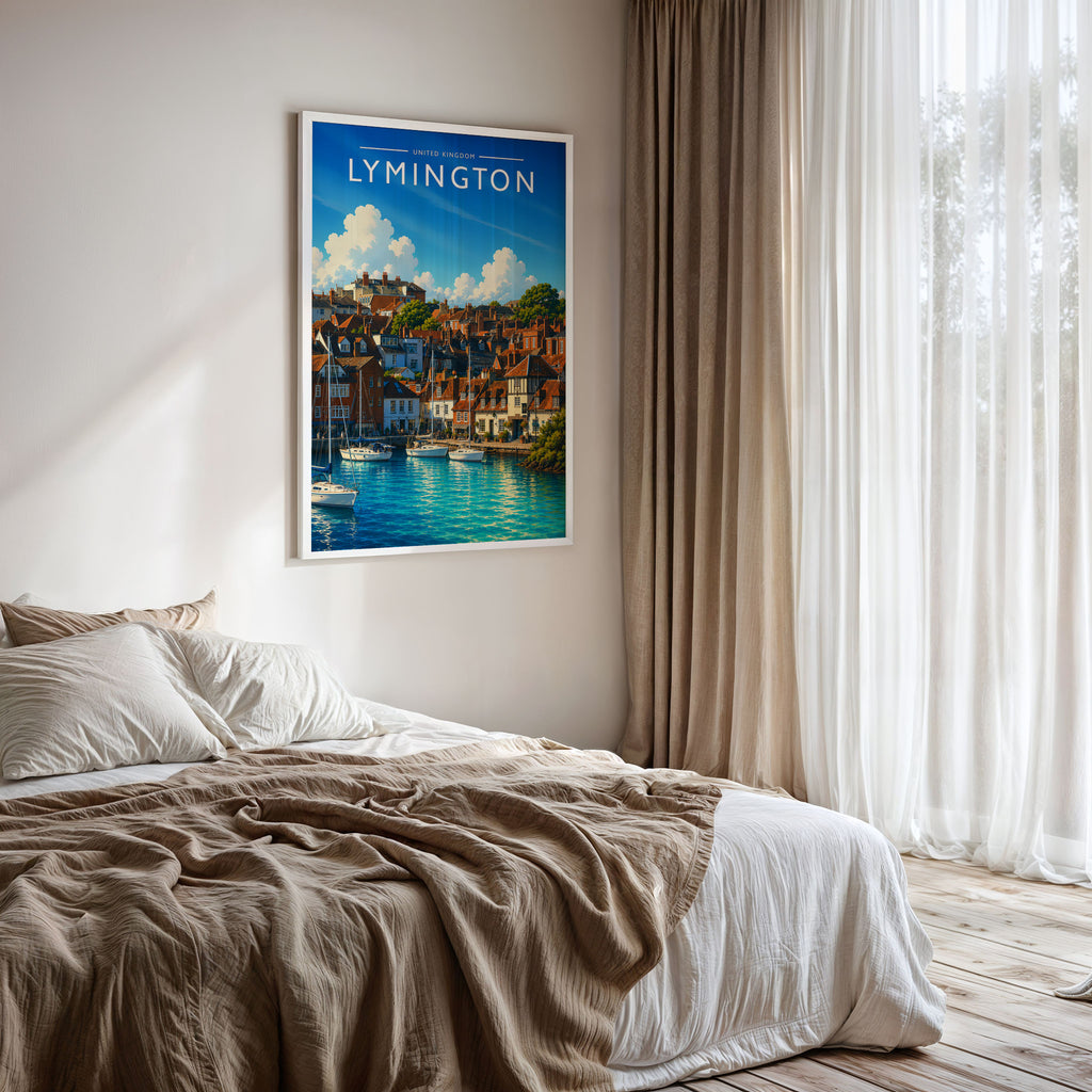 Lymington Travel Poster framed on a bedroom wall