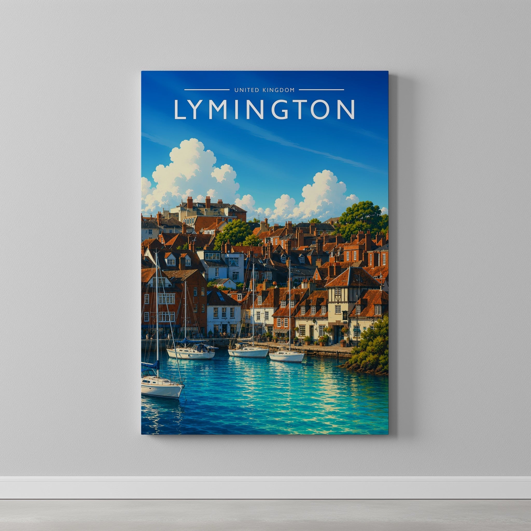Lymington Travel Poster as a gallery-wrapped canvas on a plain wall