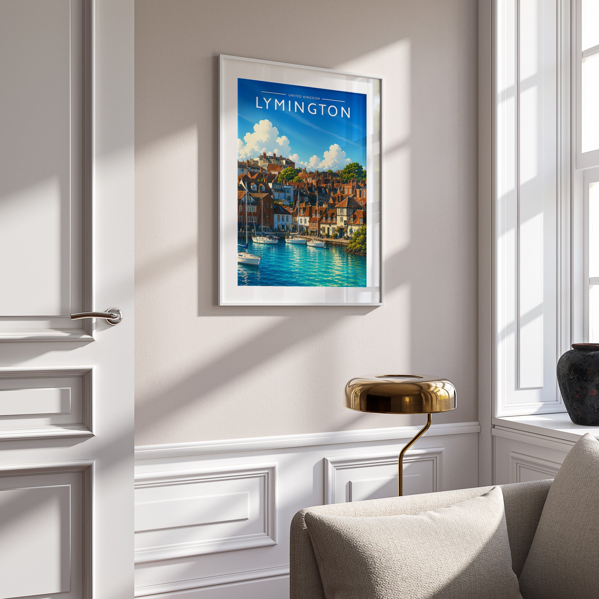 Lymington Travel Poster in a white frame on a panelled wall