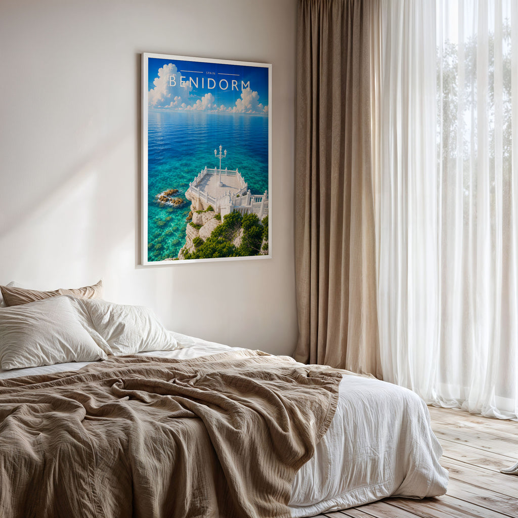 Benidorm #2 Travel Poster framed on a bedroom wall