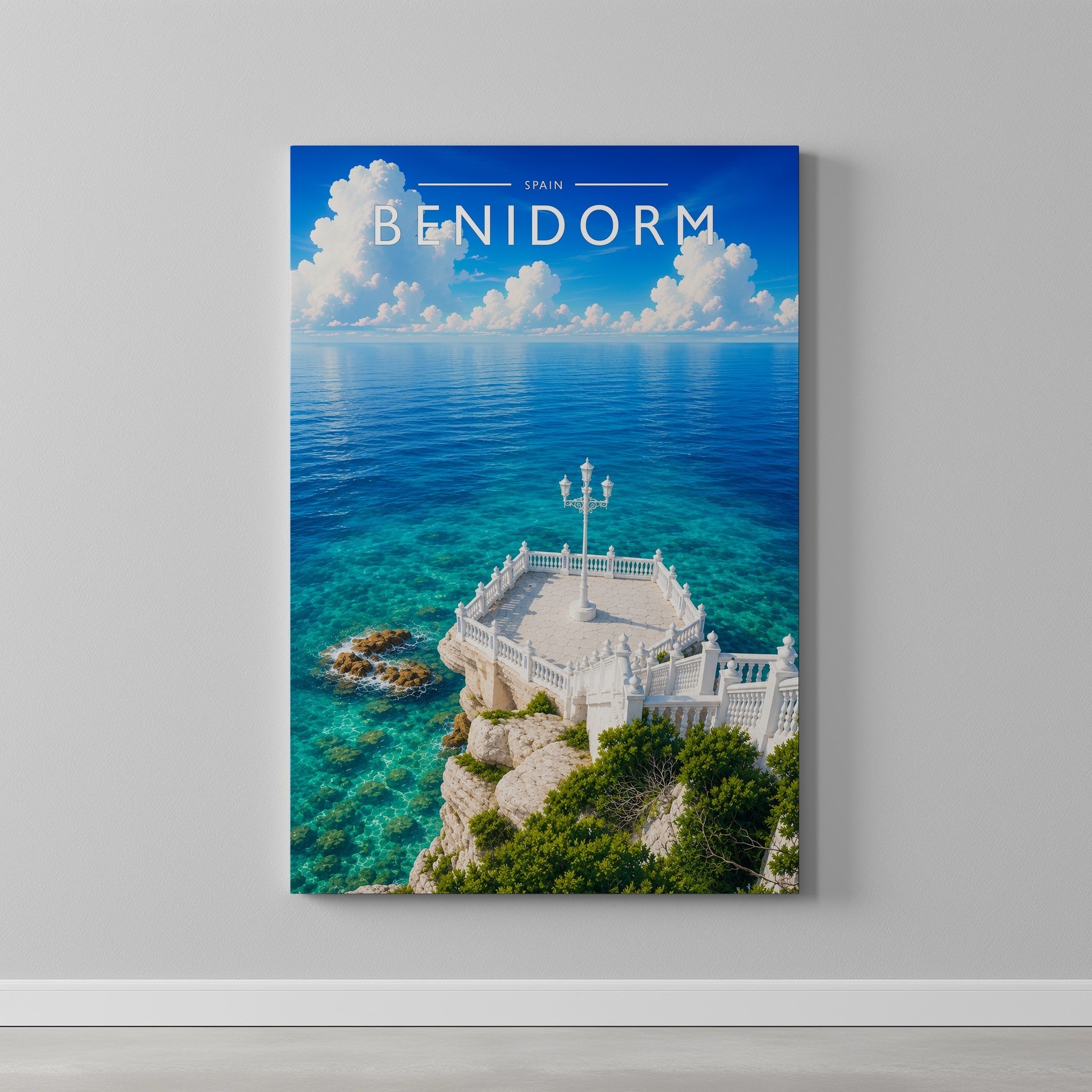 Benidorm #2 Travel Poster as a gallery-wrapped canvas on a plain wall