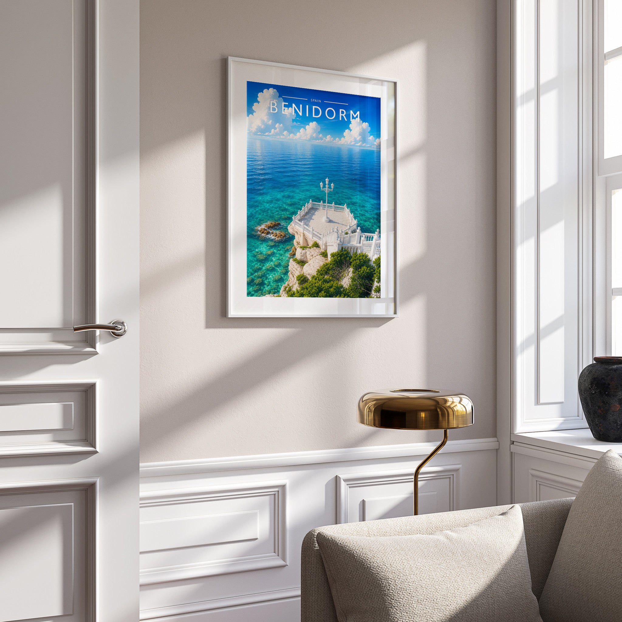 Benidorm #2 Travel Poster in a white frame on a panelled wall