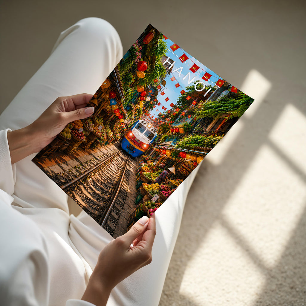 Hanoi Travel Poster - A4 print held in hand