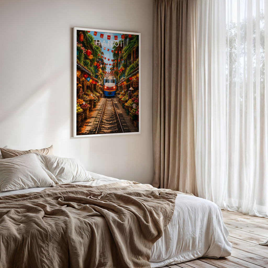 Hanoi Travel Poster framed on a bedroom wall
