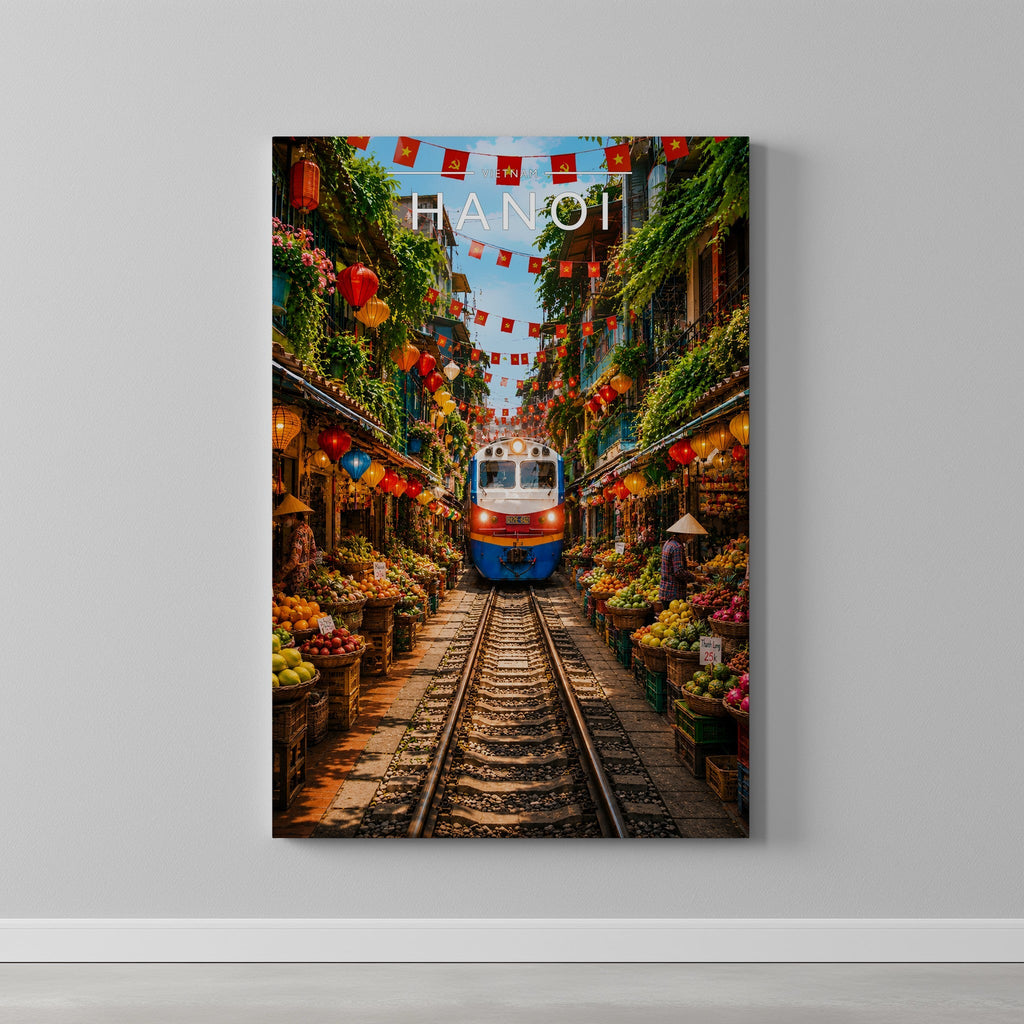 Hanoi Travel Poster as a gallery-wrapped canvas on a plain wall