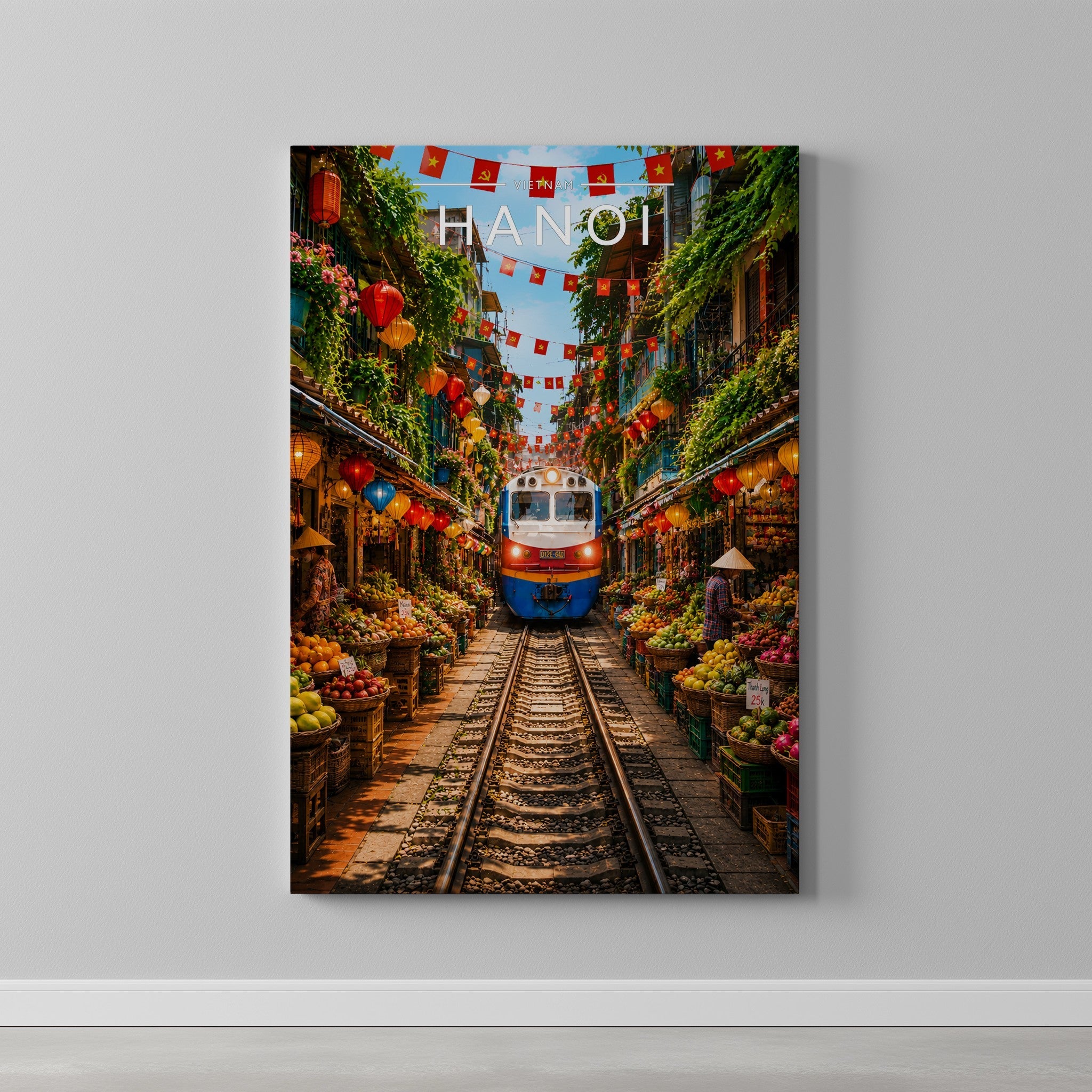 Hanoi Travel Poster as a gallery-wrapped canvas on a plain wall