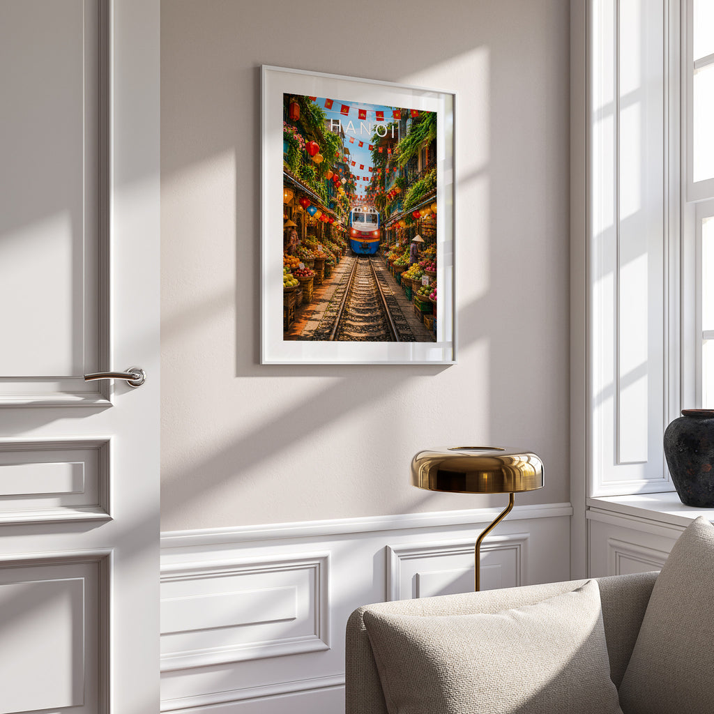 Hanoi Travel Poster in a white frame on a panelled wall
