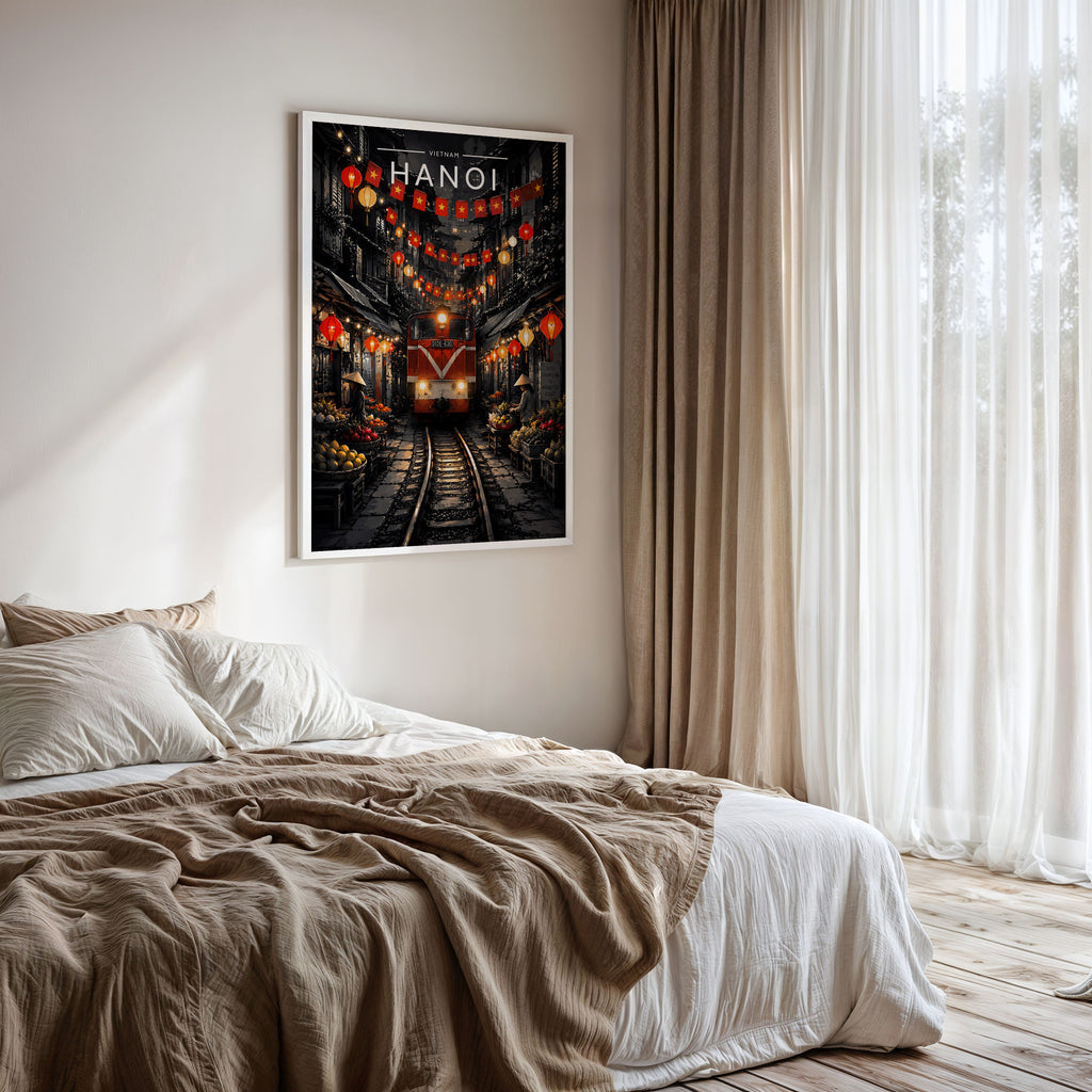 Hanoi #2 Travel Poster framed on a bedroom wall