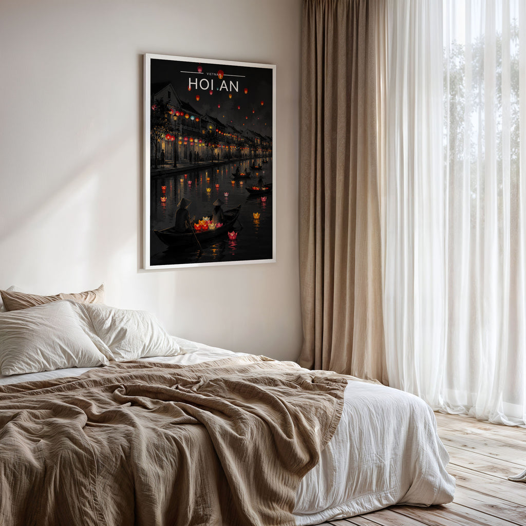 Hoi An Travel Poster framed on a bedroom wall