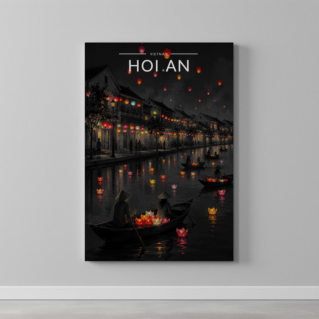 Hoi An Travel Poster as a gallery-wrapped canvas on a plain wall