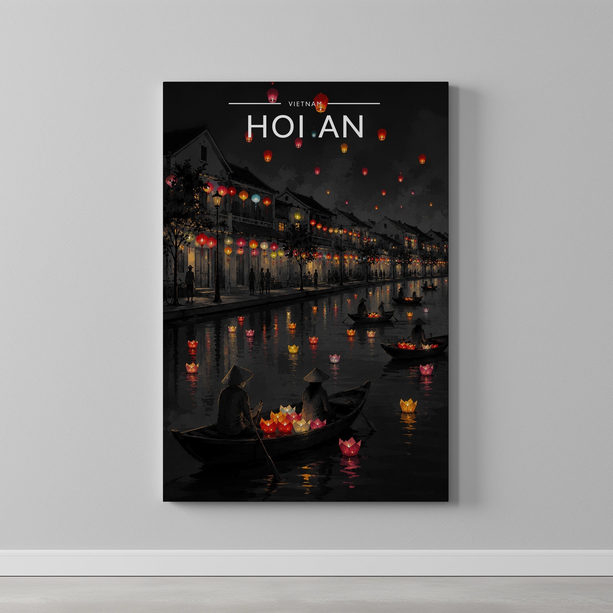Hoi An Travel Poster as a gallery-wrapped canvas on a plain wall