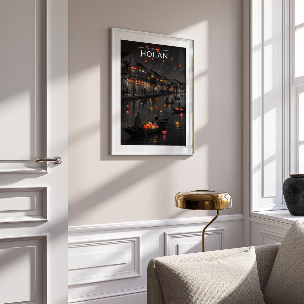 Hoi An Travel Poster in a white frame on a panelled wall