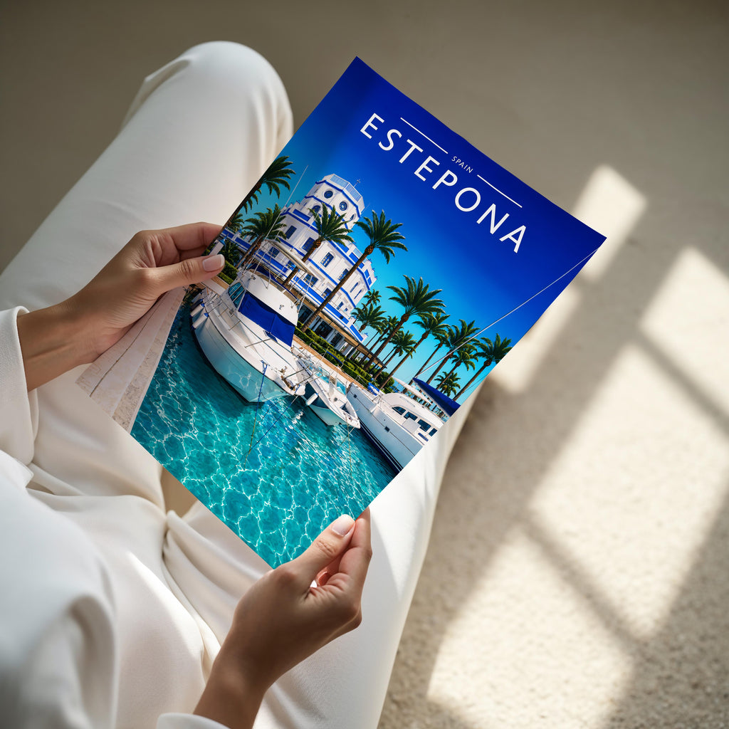 Estepona Travel Poster - A4 print held in hand