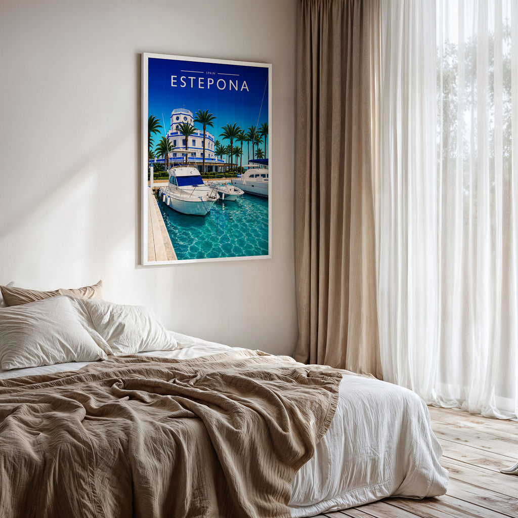 Estepona Travel Poster framed on a bedroom wall