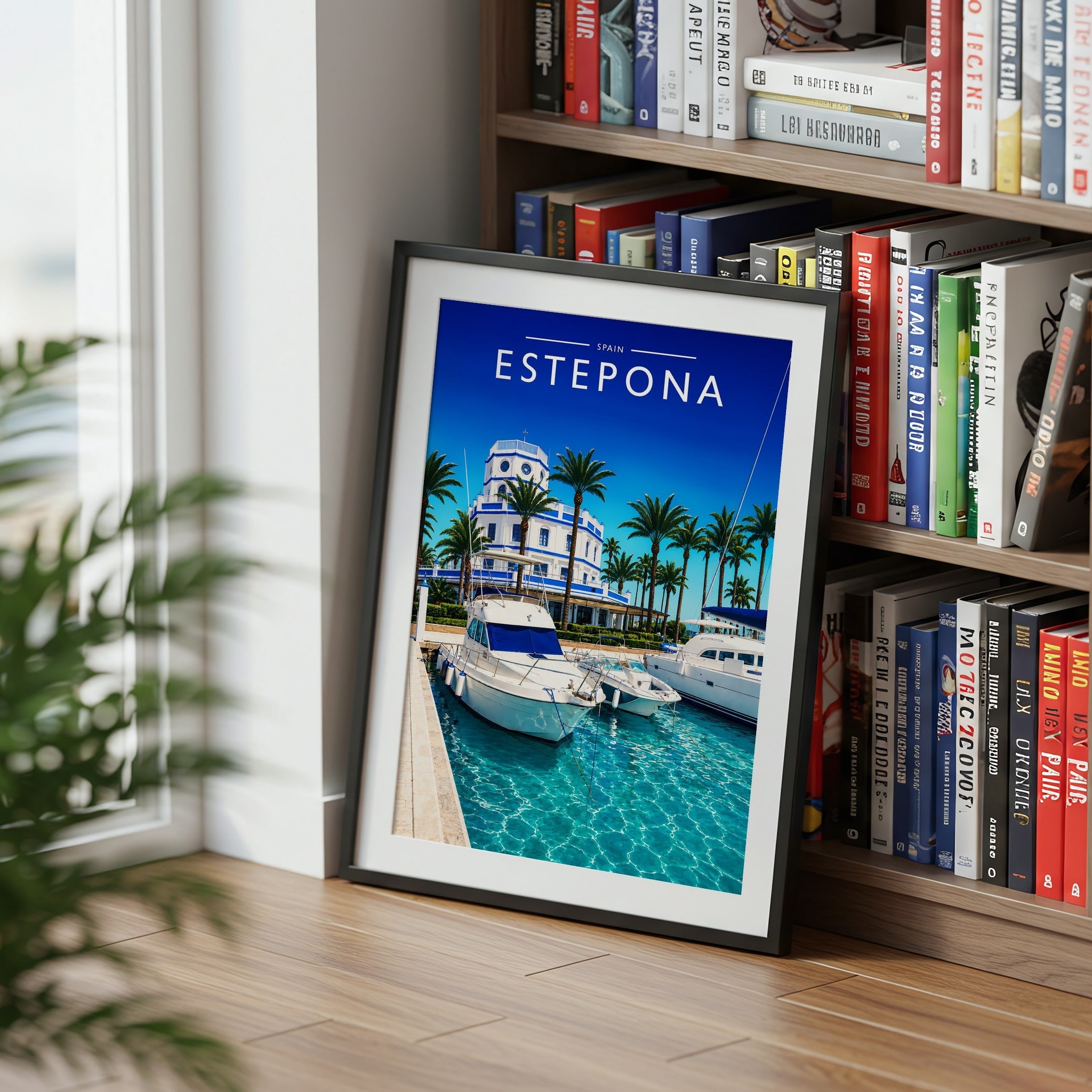Estepona Travel Poster mounted in a black frame