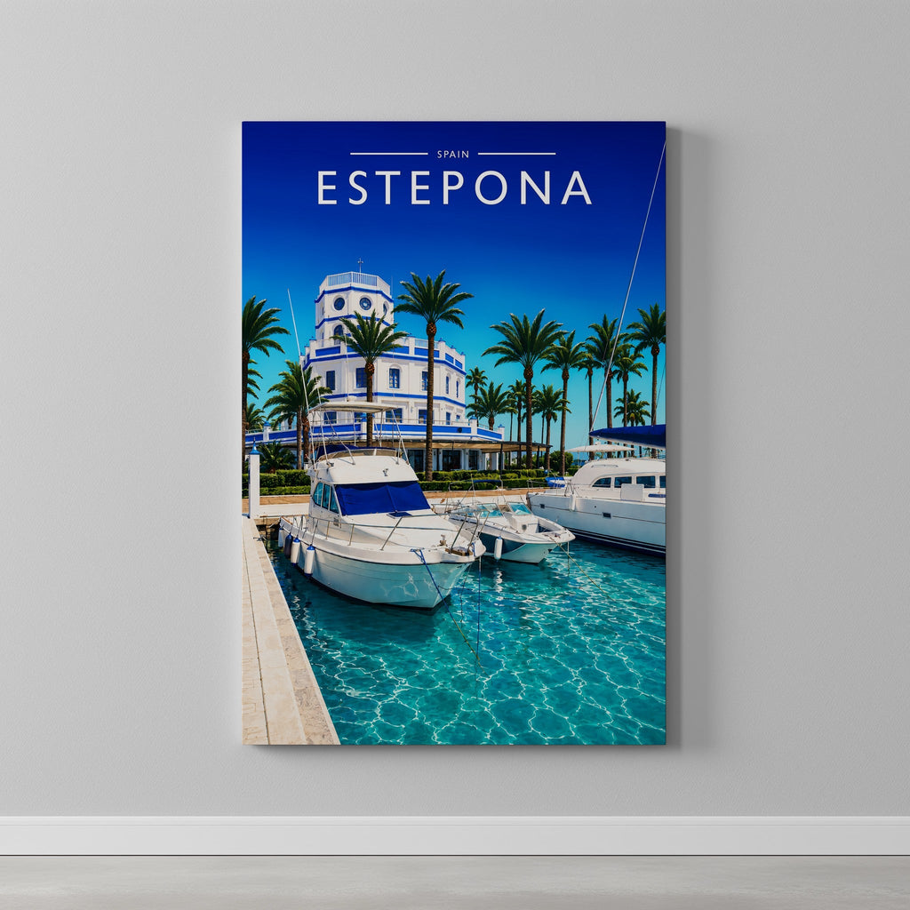 Estepona Travel Poster as a gallery-wrapped canvas on a plain wall