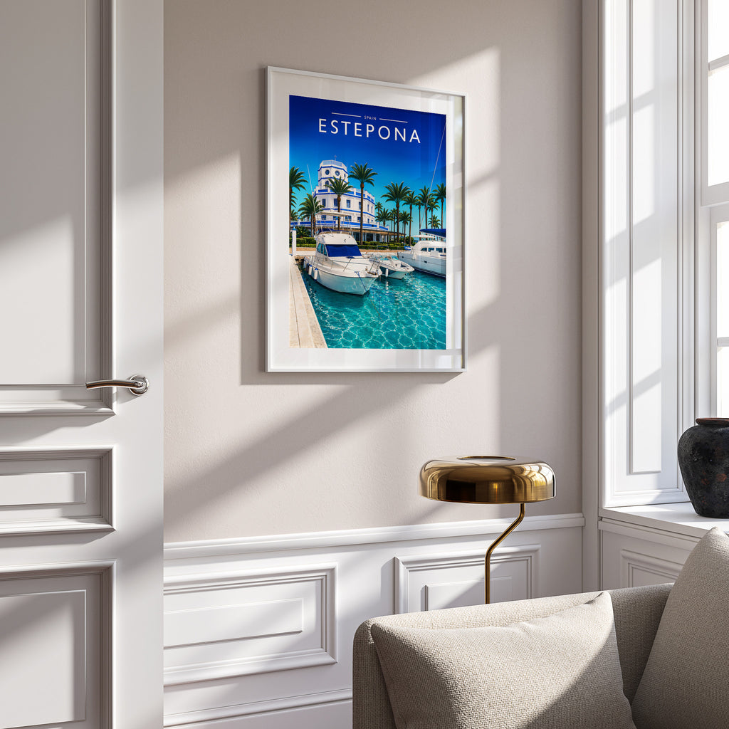 Estepona Travel Poster in a white frame on a panelled wall