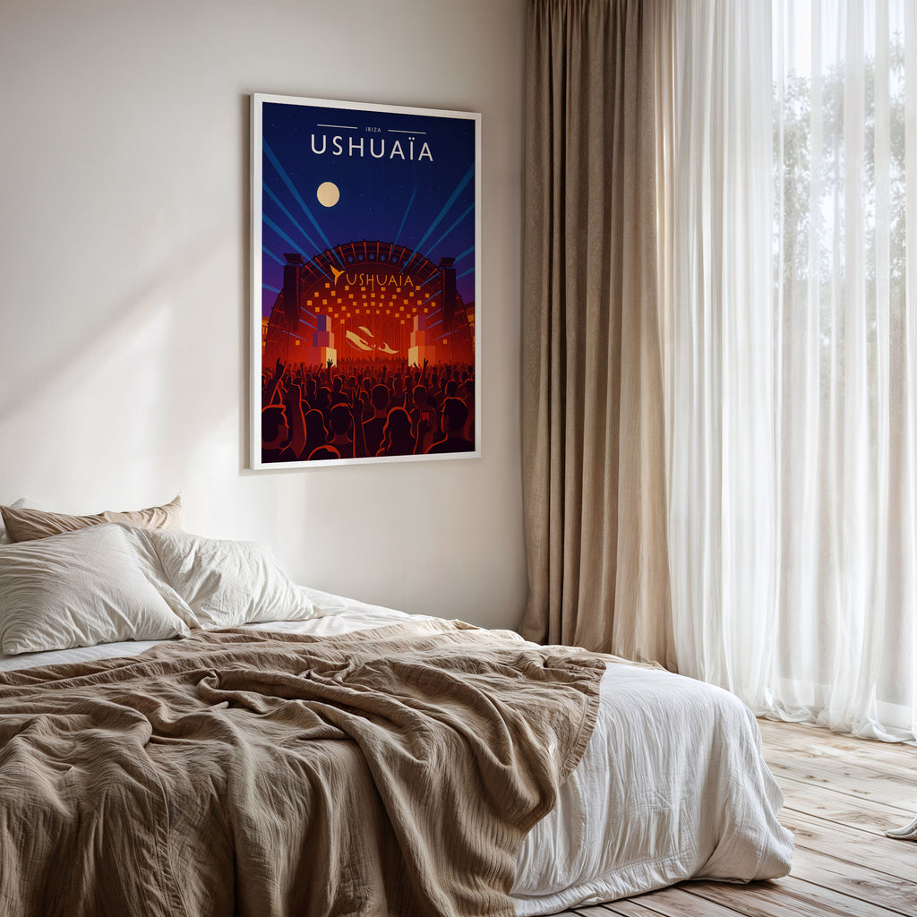 Ibiza #5 Travel Poster framed on a bedroom wall