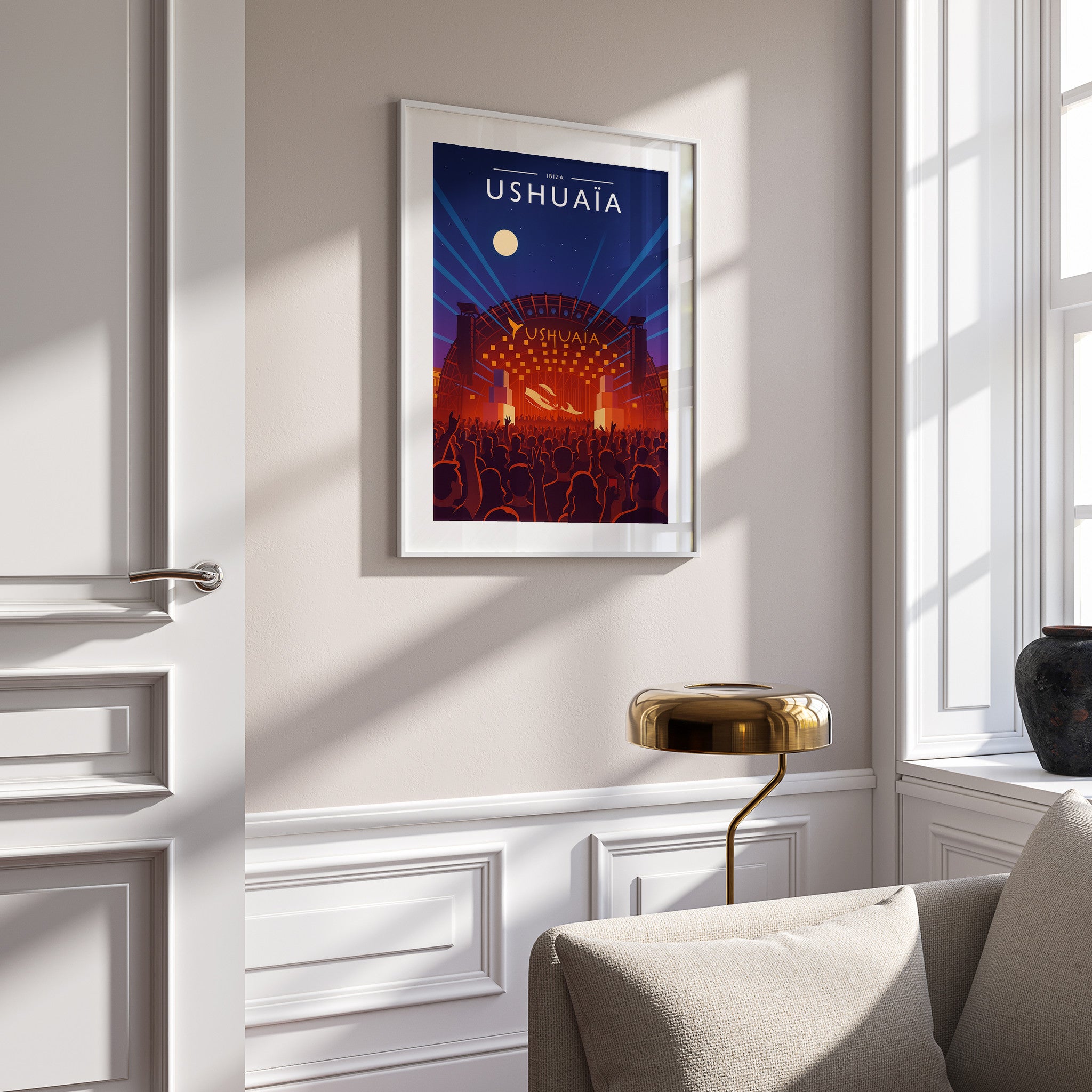 Ibiza #5 Travel Poster in a white frame on a panelled wall
