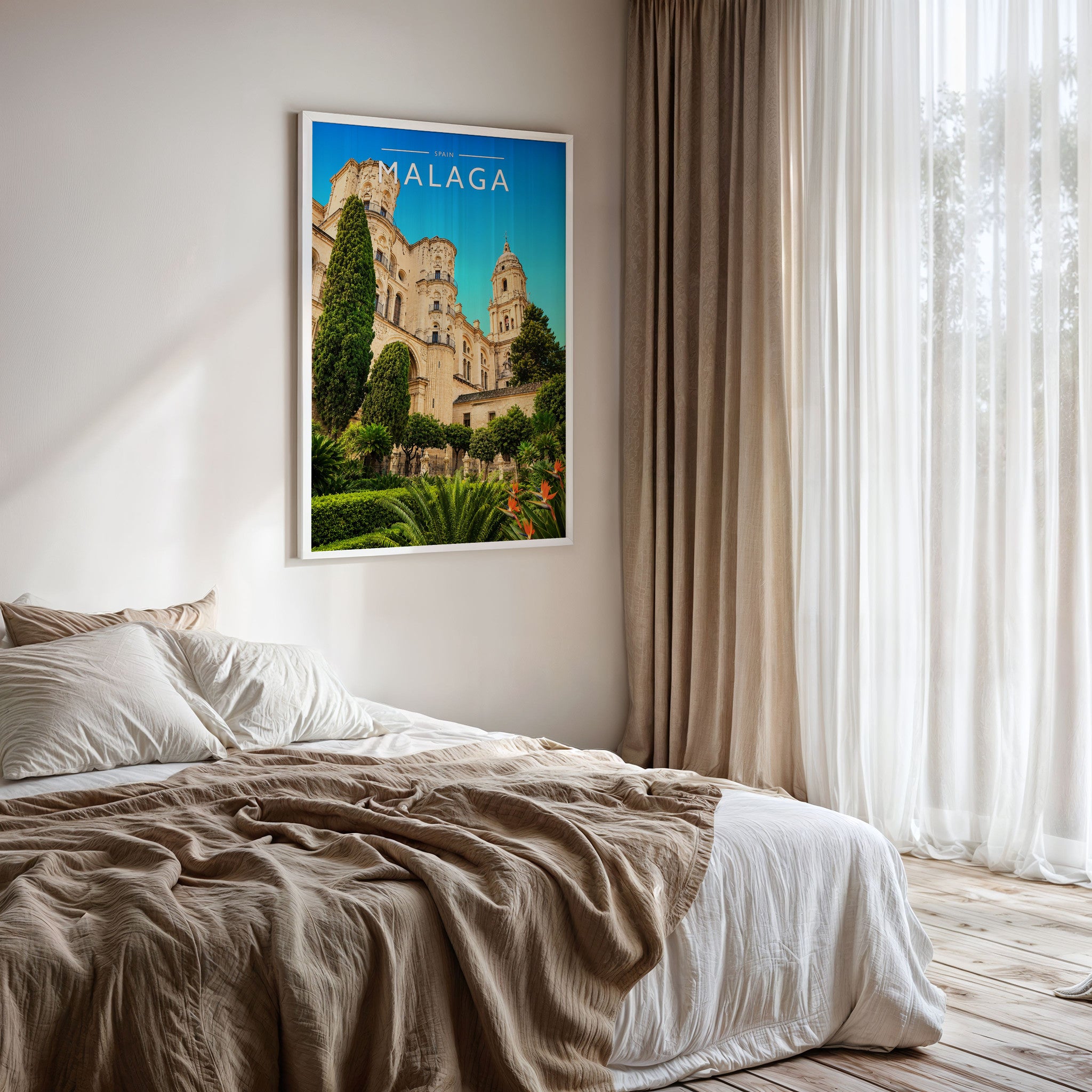 Malaga Travel Poster framed on a bedroom wall