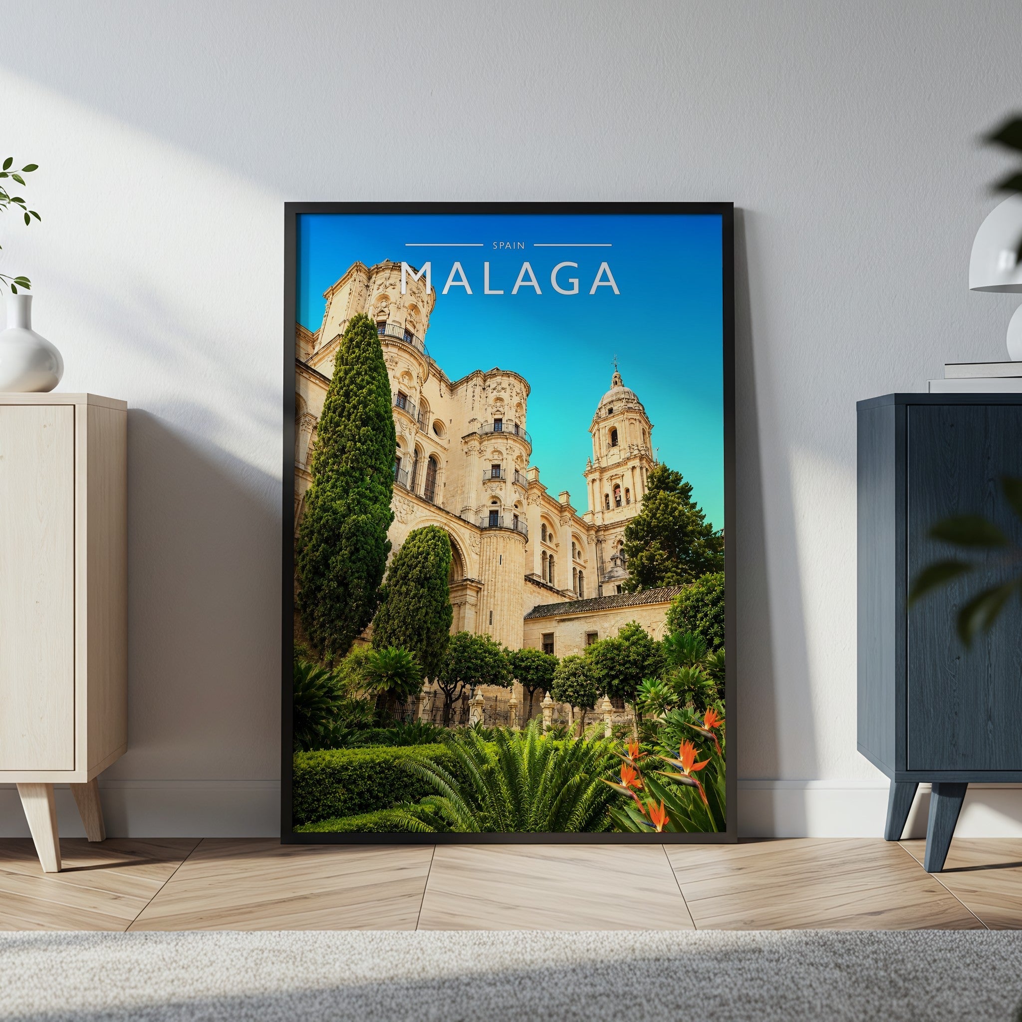 Malaga Travel Poster in a black frame