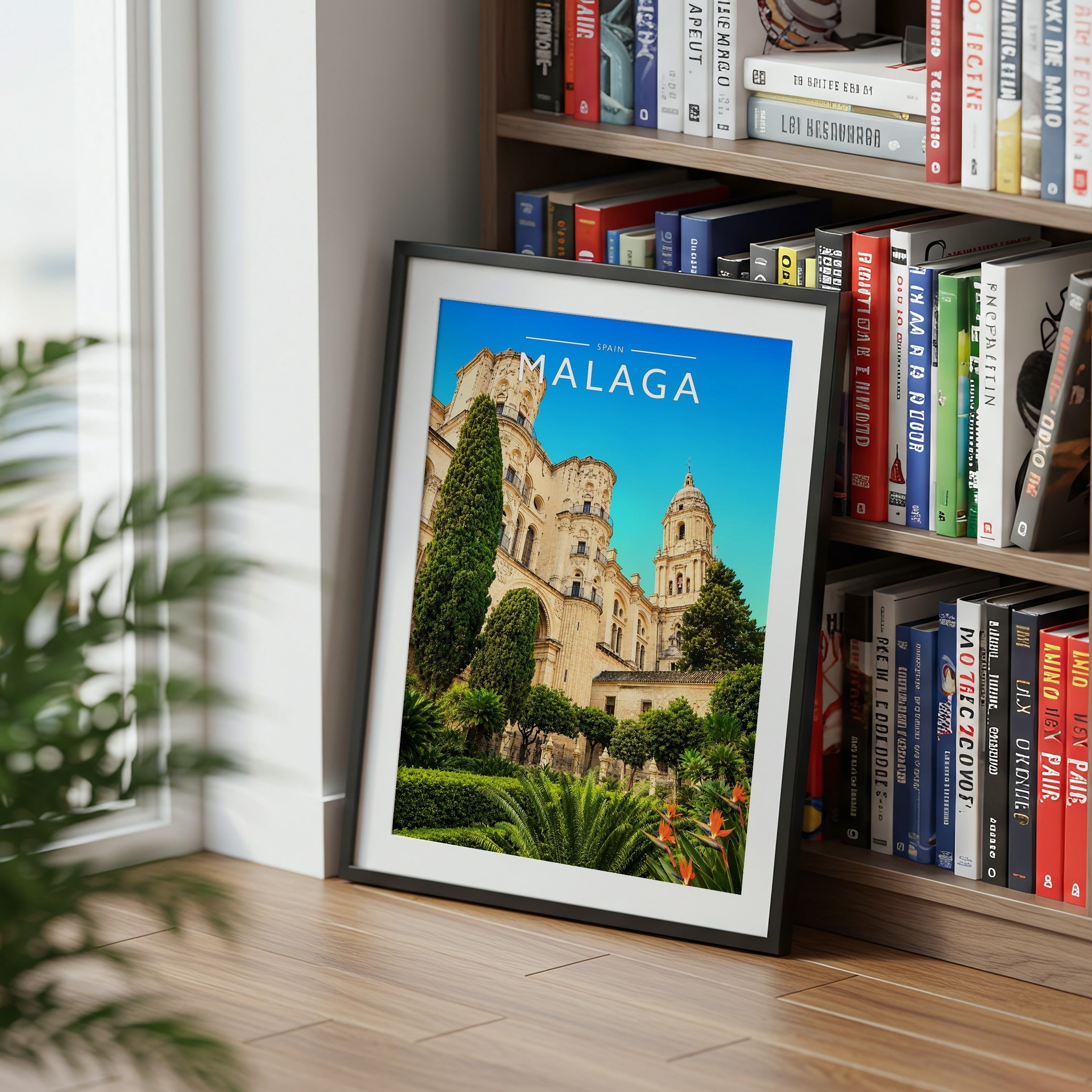 Malaga Travel Poster mounted in a black frame