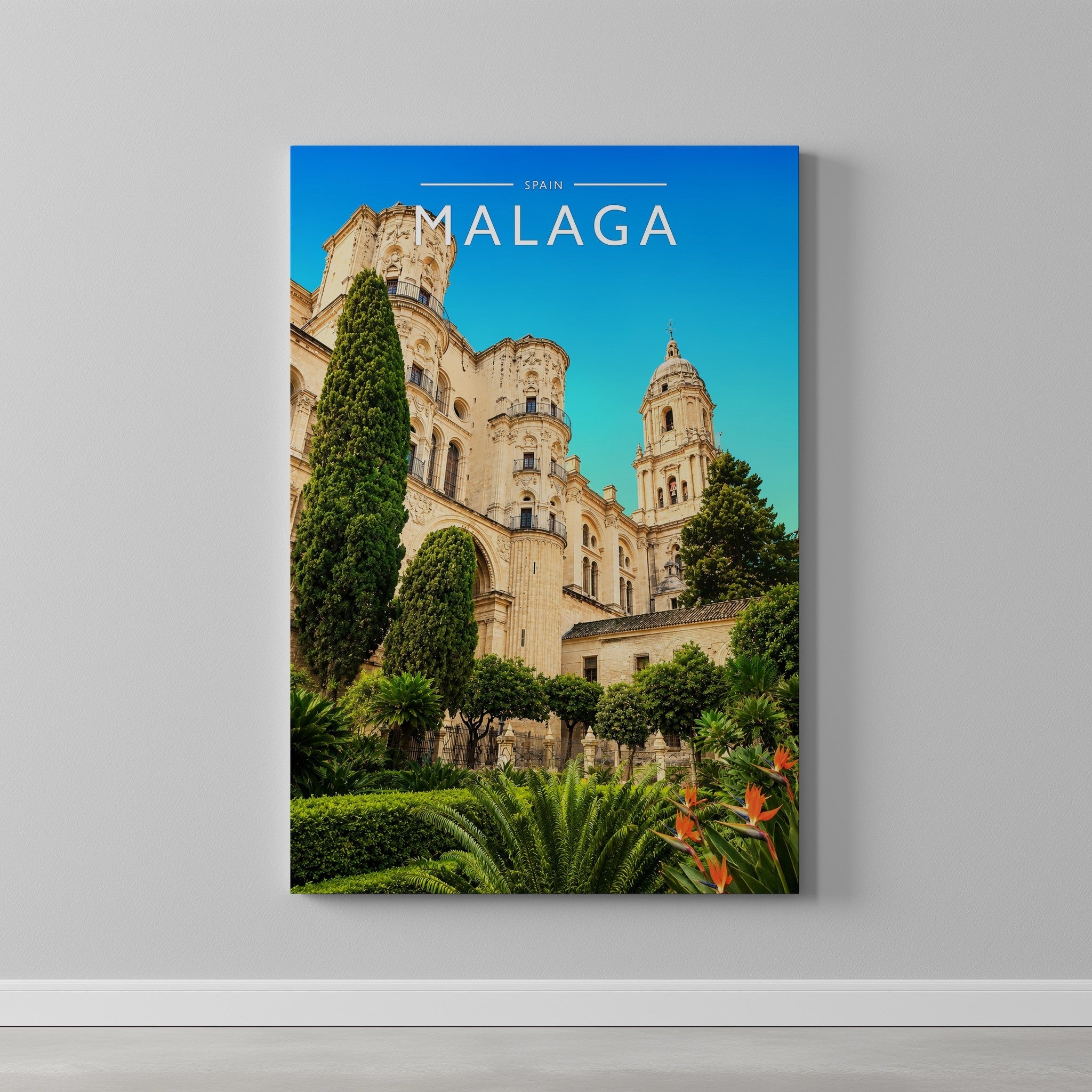 Malaga Travel Poster as a gallery-wrapped canvas on a plain wall