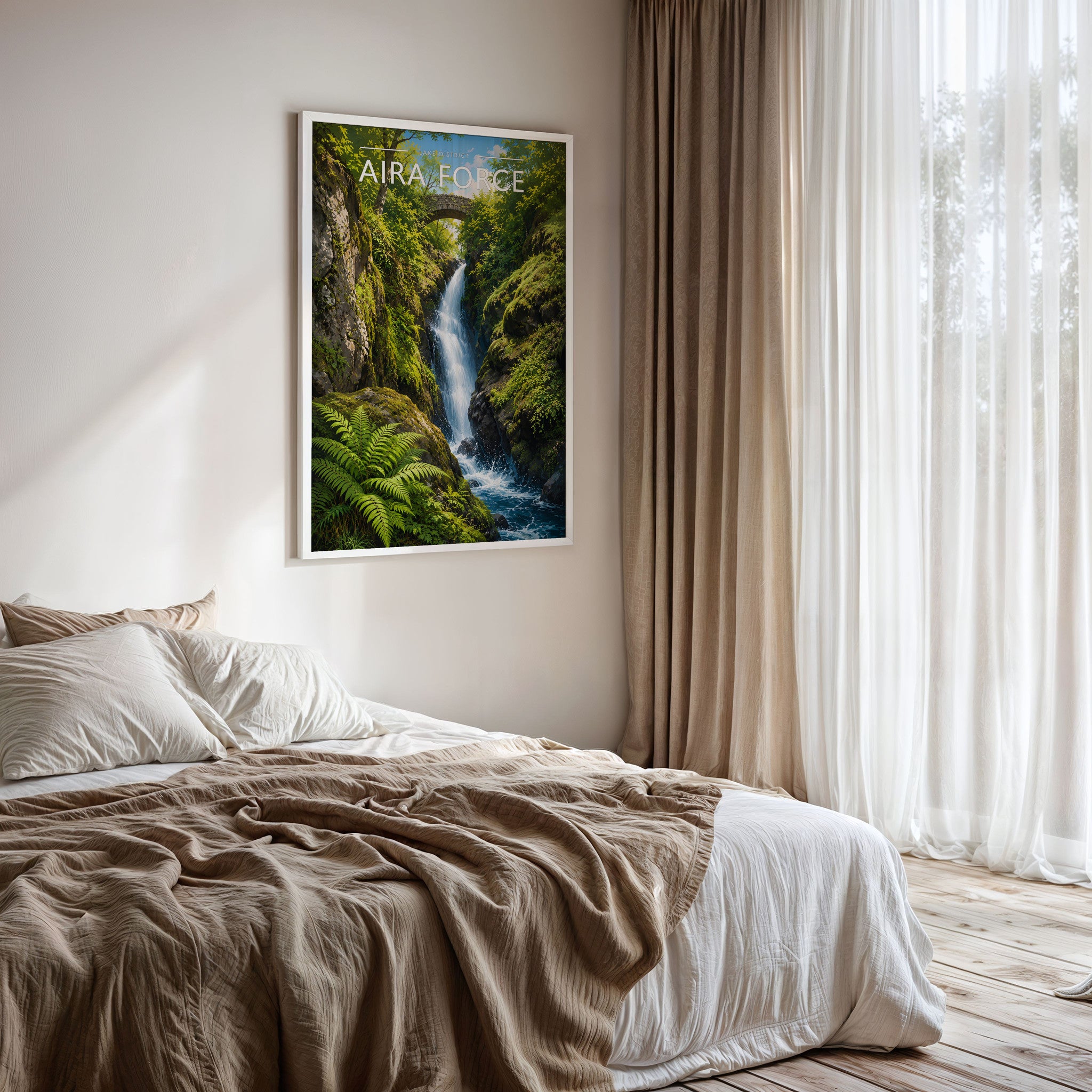 Aira Force Travel Poster framed on a bedroom wall