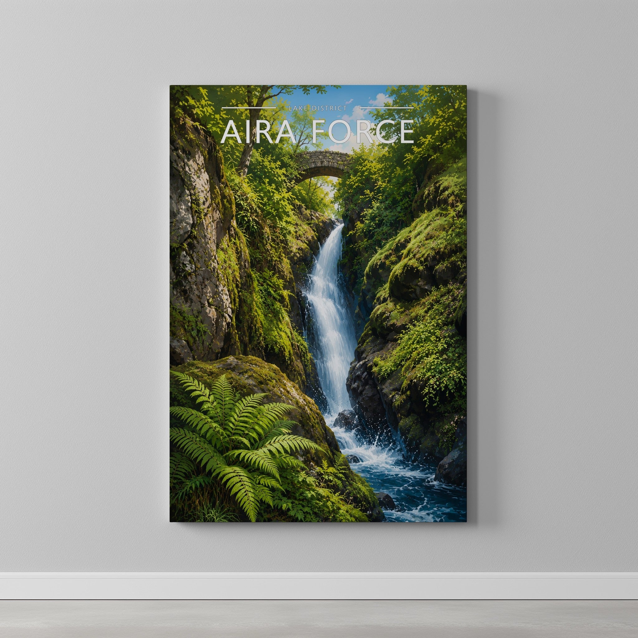 Aira Force Travel Poster as a gallery-wrapped canvas on a plain wall