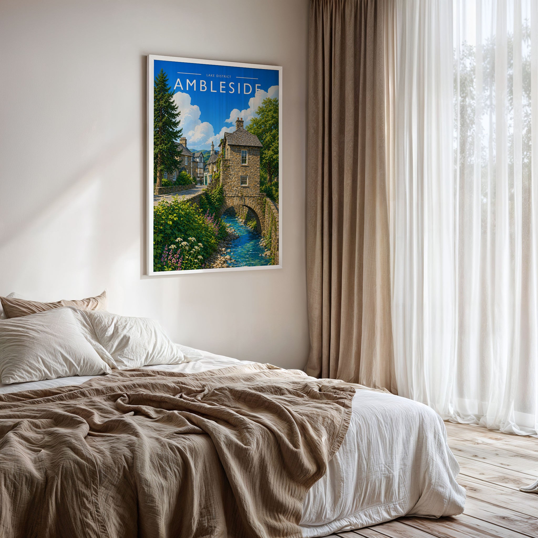 Ambleside Travel Poster framed on a bedroom wall