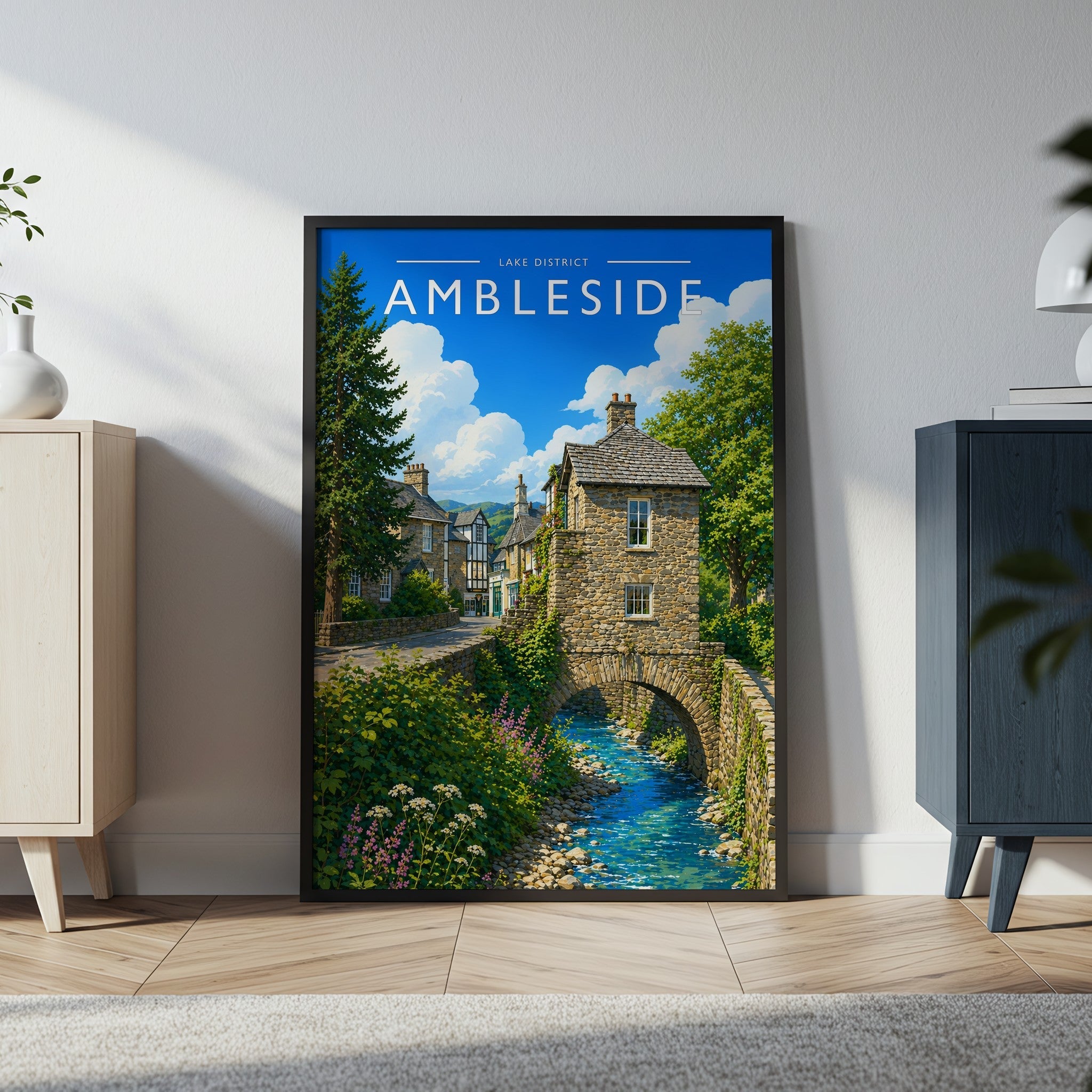 Ambleside Travel Poster in a black frame