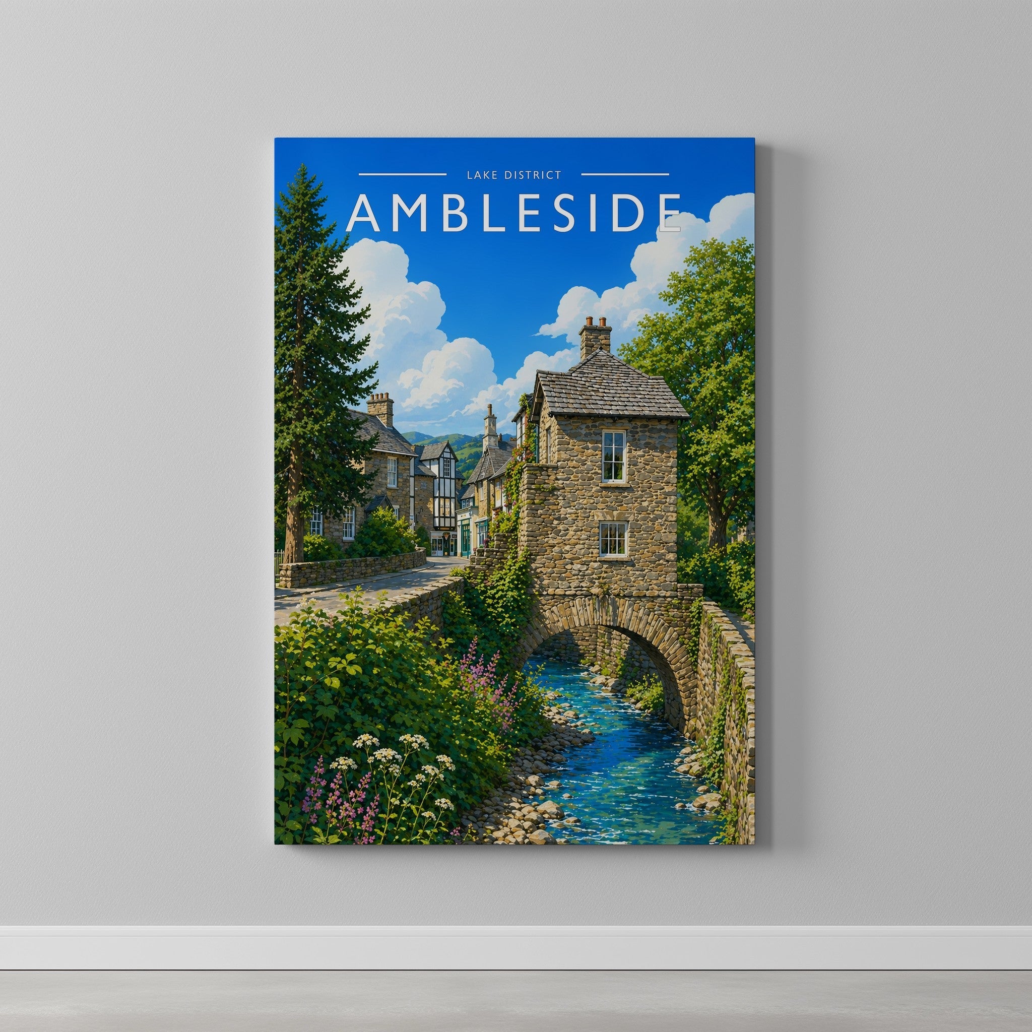 Ambleside Travel Poster as a gallery-wrapped canvas on a plain wall